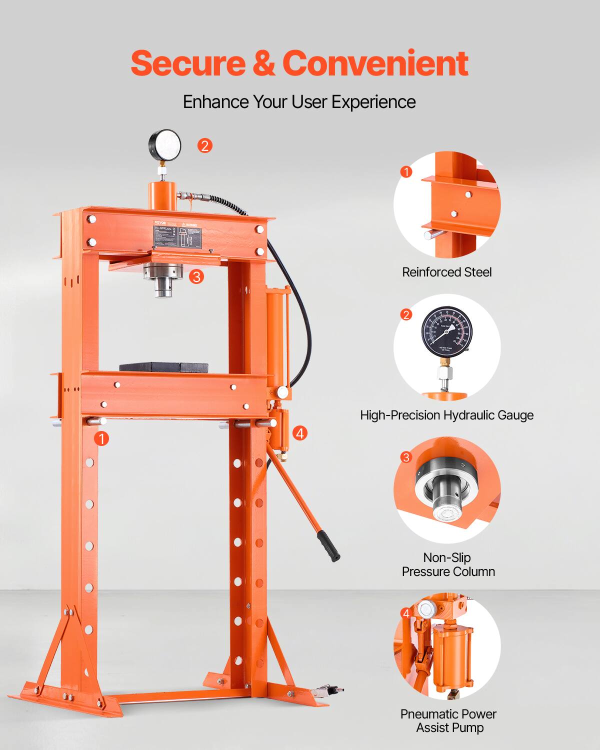 Secure & Convenient  
Enhance Your User Experience  

1. Reinforced Steel  
2. High-Precision Hydraulic Gauge  
3. Non-Slip Pressure Column  
4. Pneumatic Power Assist Pump