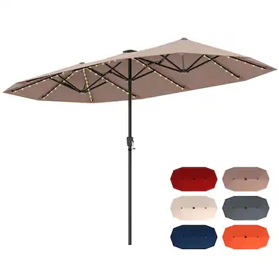 Costway - 13 FT Large Patio Umbrella with LED Solar Lights Crank Handle 12 Heavy-Duty Ribs - Brown Costway - 13 FT Large Patio Umbrella with LED Solar Lights Crank Handle 12 Heavy-Duty Ribs - Brown