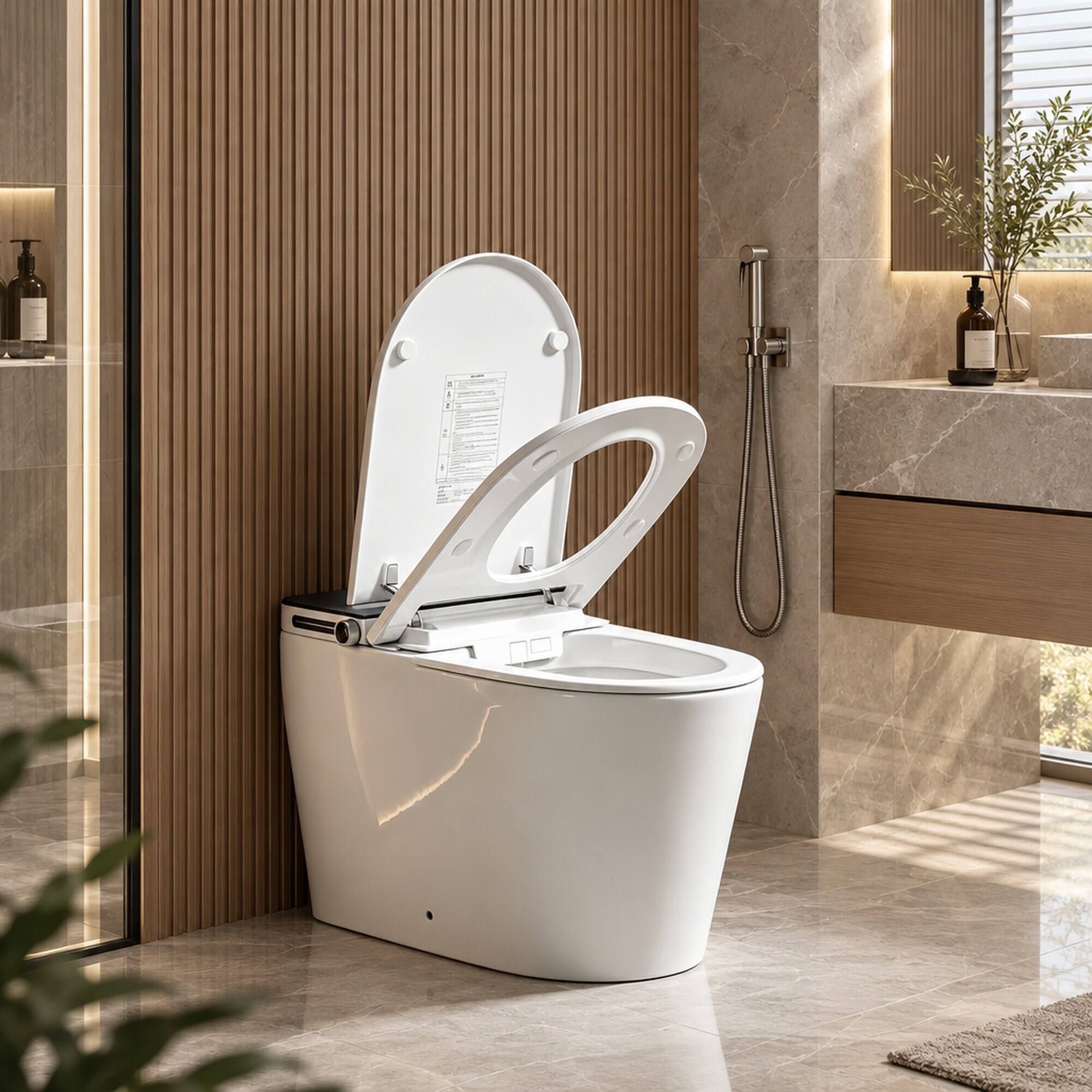 Angle. RYHNUYNE - All In One Smart Toilet, No Water Pressure Limit High Speed Drying Automatic Flip Sterilization Splash Proof Foam Shield - White.