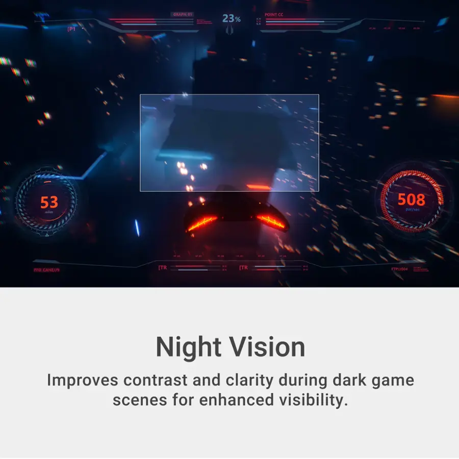 Night Vision improves contrast and clarity during dark game scenes for enhanced visibility.
