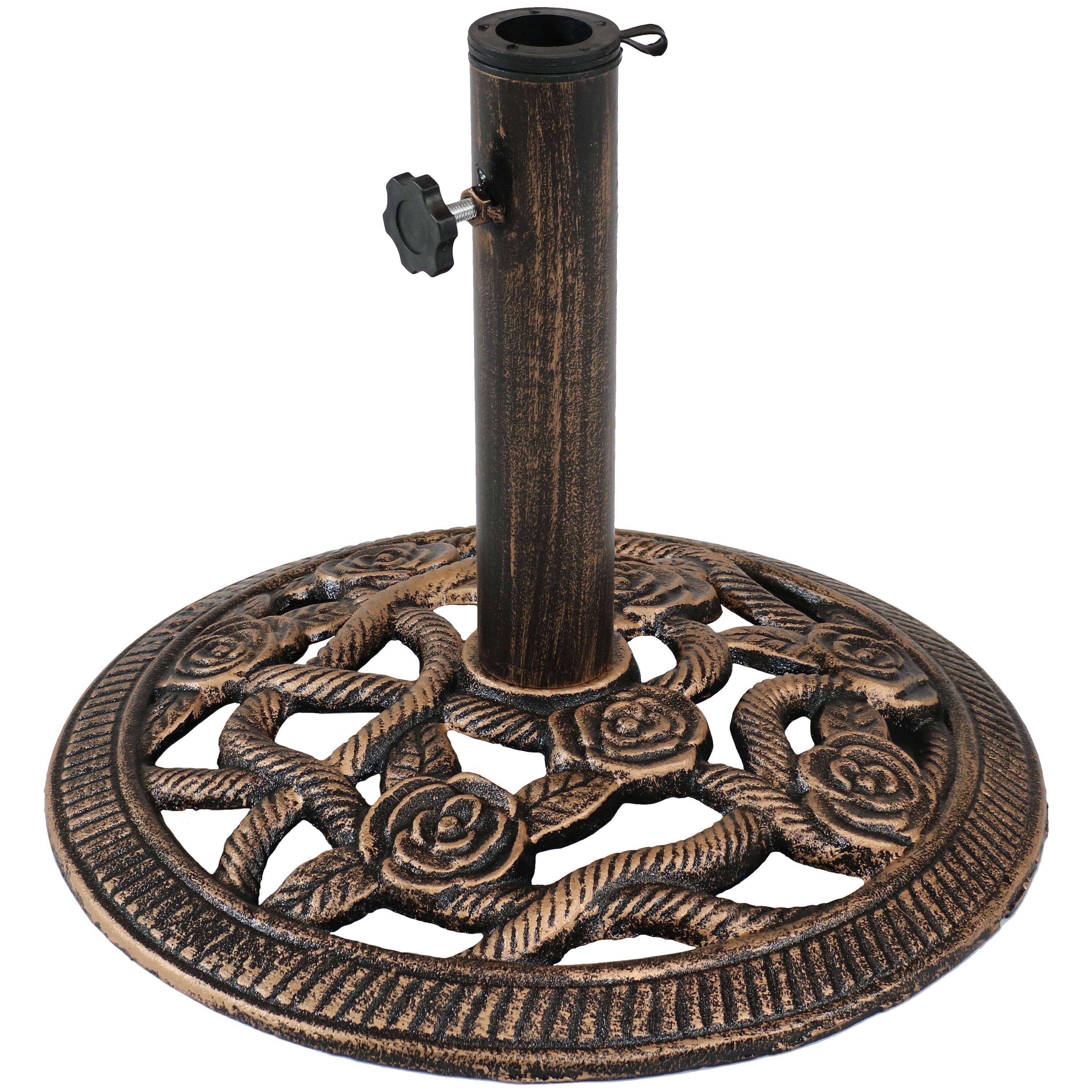 Front. Sunnydaze - 16 in Rose Blossom Cast Iron Round Patio Umbrella Base - Bronze.