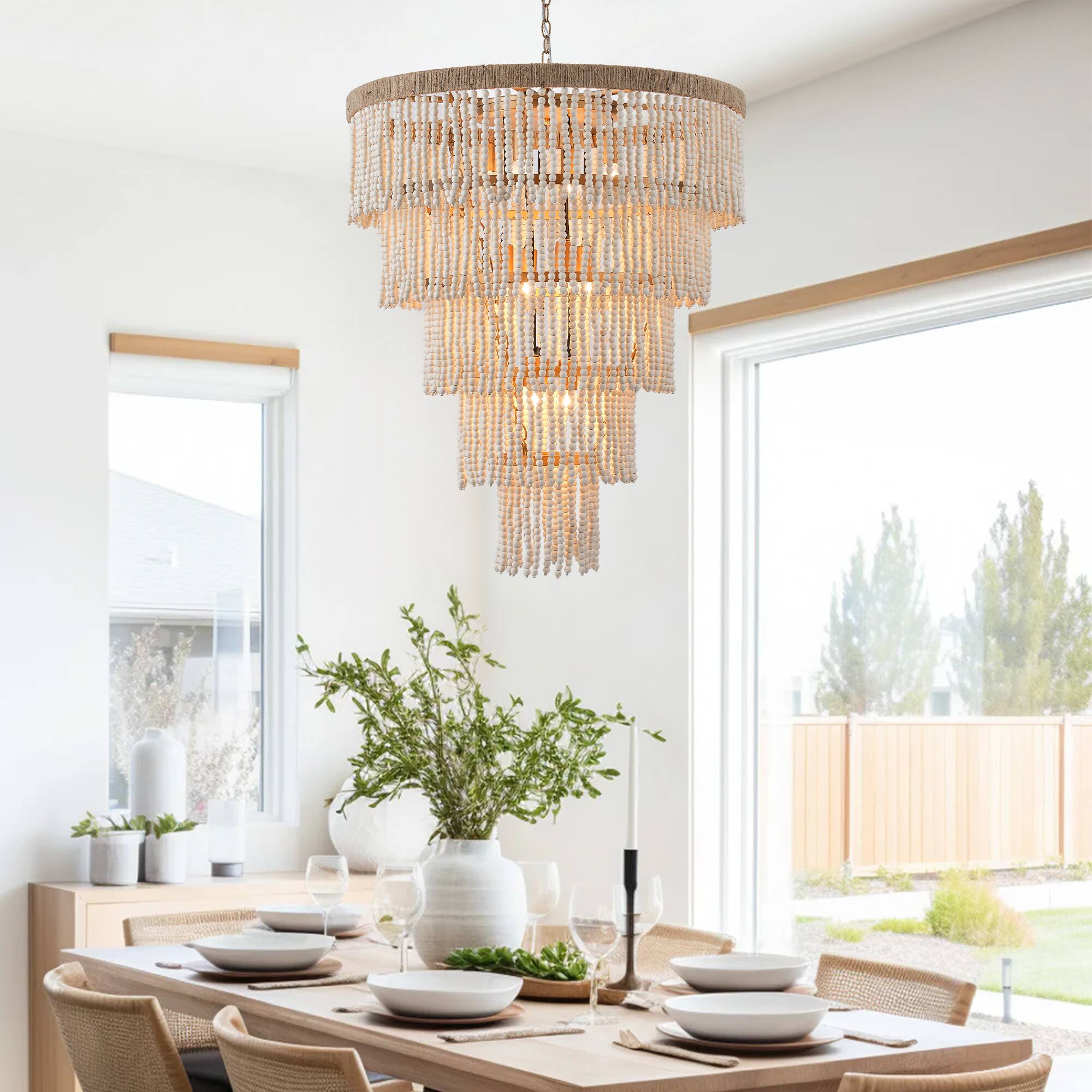 Alt View 2. Parrot Uncle - 31.5" 9-Light Bohemian Off-White 5-Tier Wooden Beads Chandelier - Off-White.