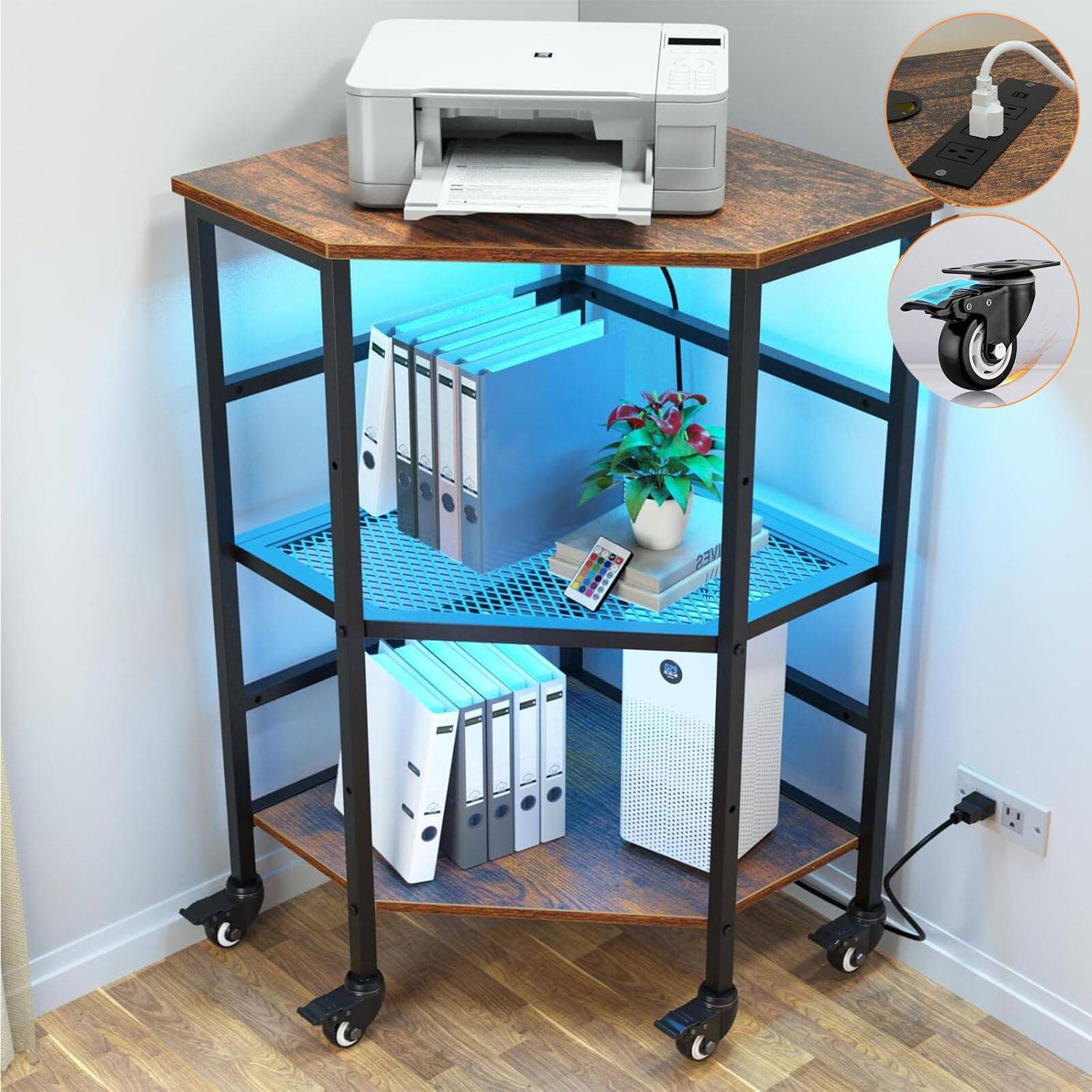 Front. PO3TICJUNKI3 - Corner Printer Stand Table With Power Outlet Charging Plugs Usb Port & Led Lights 3-tier Wheel Metal Frame ... - Default.