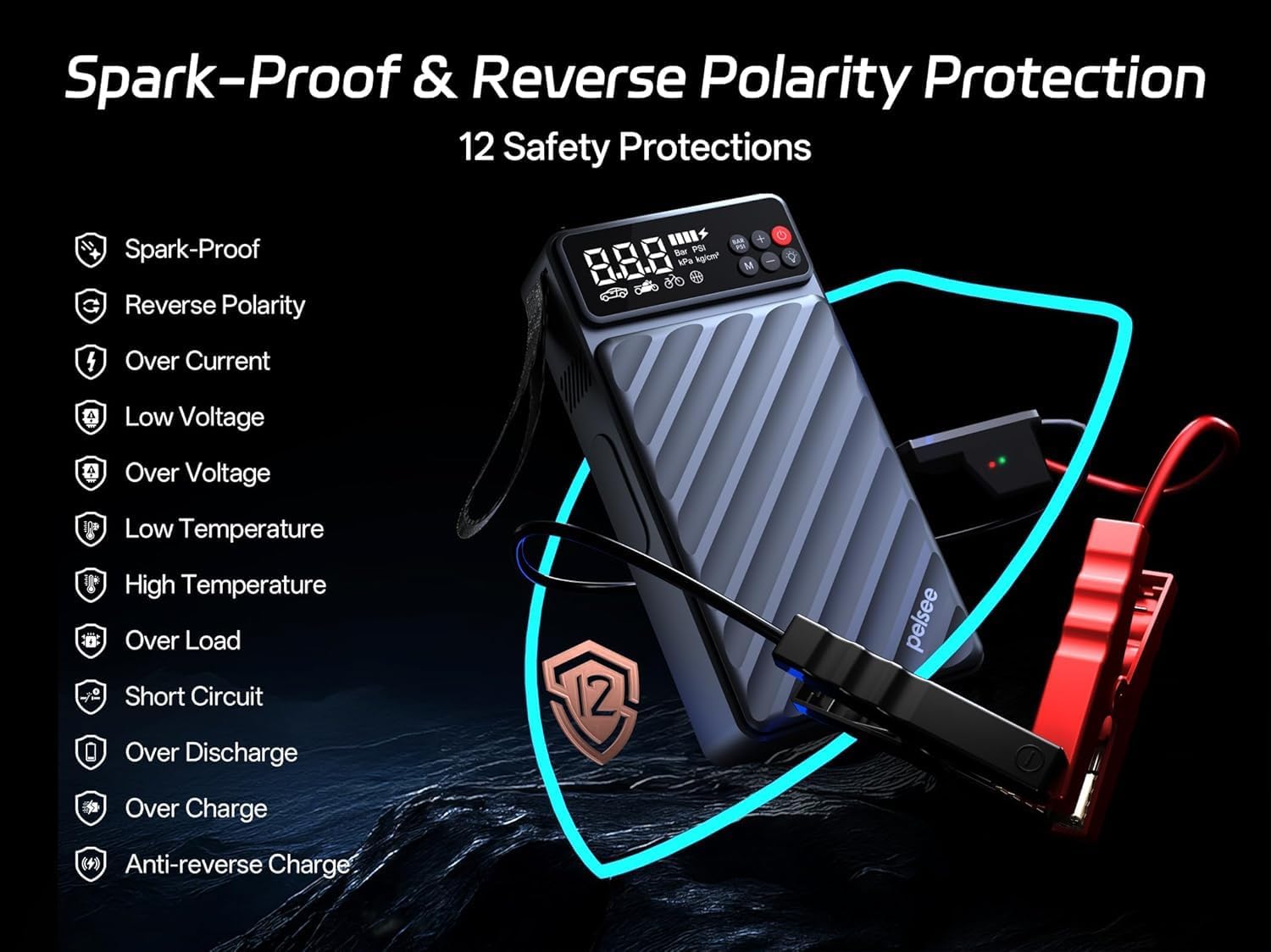 Spark-Proof & Reverse Polarity Protection  
12 Safety Protections

- Spark-Proof
- Reverse Polarity
- Over Current
- Low Voltage
- Over Voltage
- Low Temperature
- High Temperature
- Over Load
- Short Circuit
- Over Discharge
- Over Charge
- Anti-reverse Charge