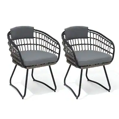Front. Crestlive Products - Crestlive Products Set of 2 Brown Metal Frame Stationary Dining Chair PE Rattan Wicker Cushioned Seat - Gray-2PC.