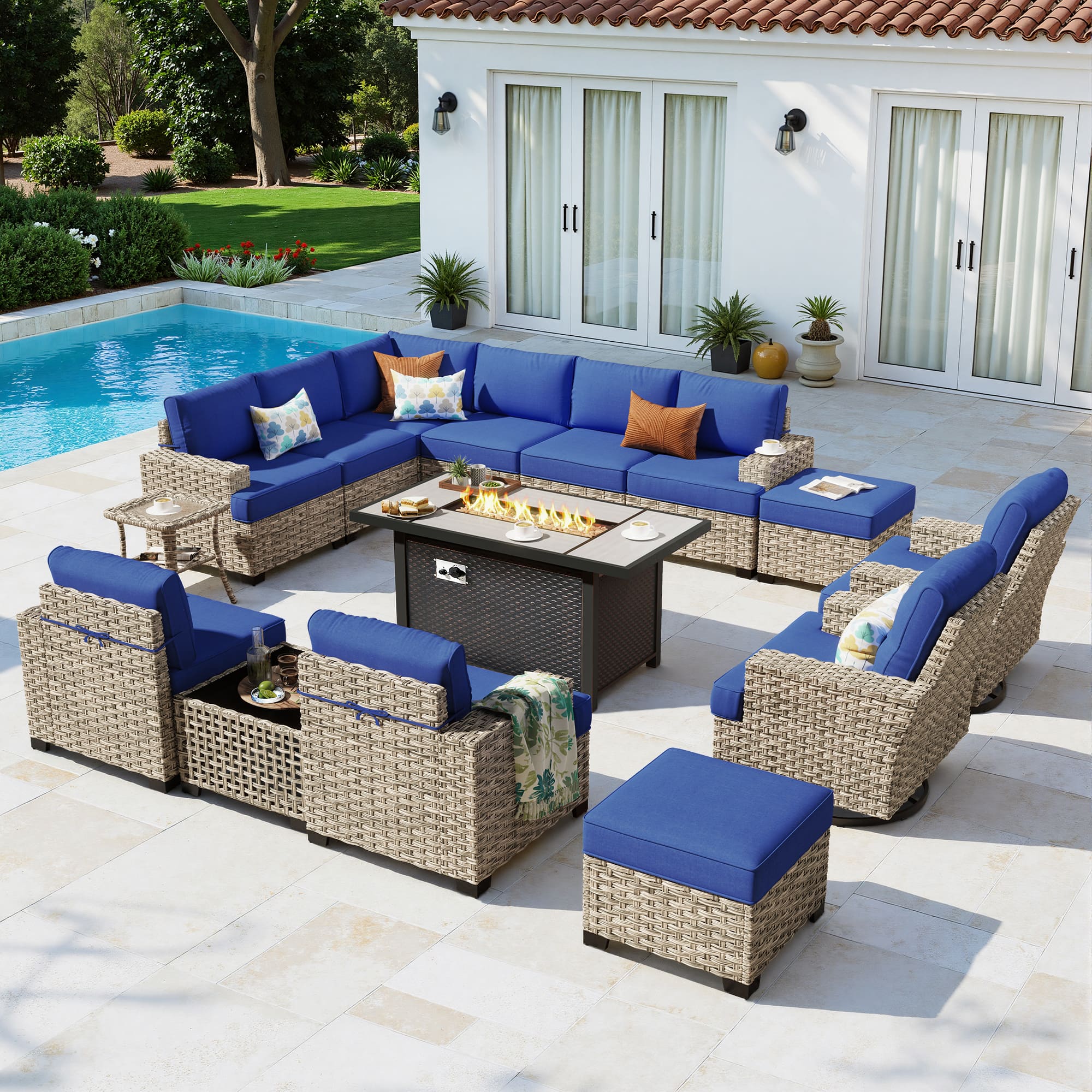 Ovios - 15 PCS Patio Furniture Sofa Set Sectional Couch with Swivel Chair, 54" Fire Pit Table & Ottoman - Navy Blue