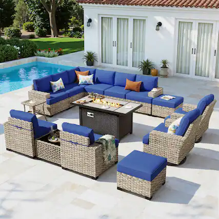 Front. Ovios - 15 PCS Patio Furniture Sofa Set Sectional Couch with Swivel Chair, 54" Fire Pit Table & Ottoman - Navy Blue.