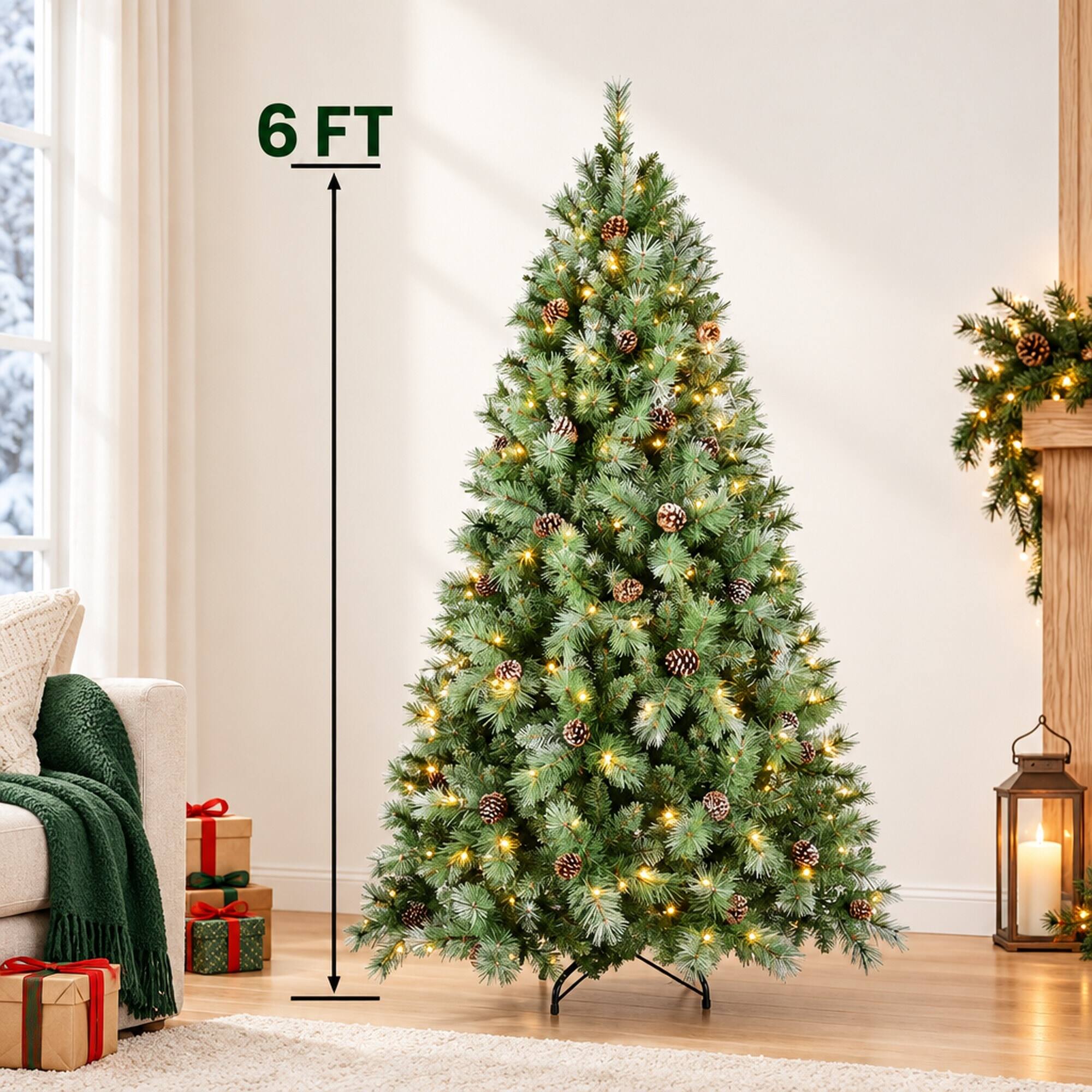 Alt View 3. RYHNUYNE - 7FT Pre-Lit Artificial Christmas Tree With 400 Warm White LED Lights and 1348 Tips, 82 Pine Cones and Metal Stand - Green.