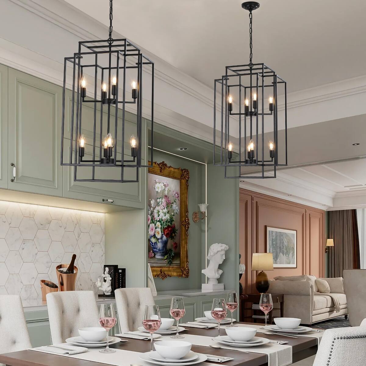Left. Loheer - Loheer 8-Light Pendant Chandelier, Black Geometric Iron Frame, Adjustable Hanging Light for Living Room or Dining Room.