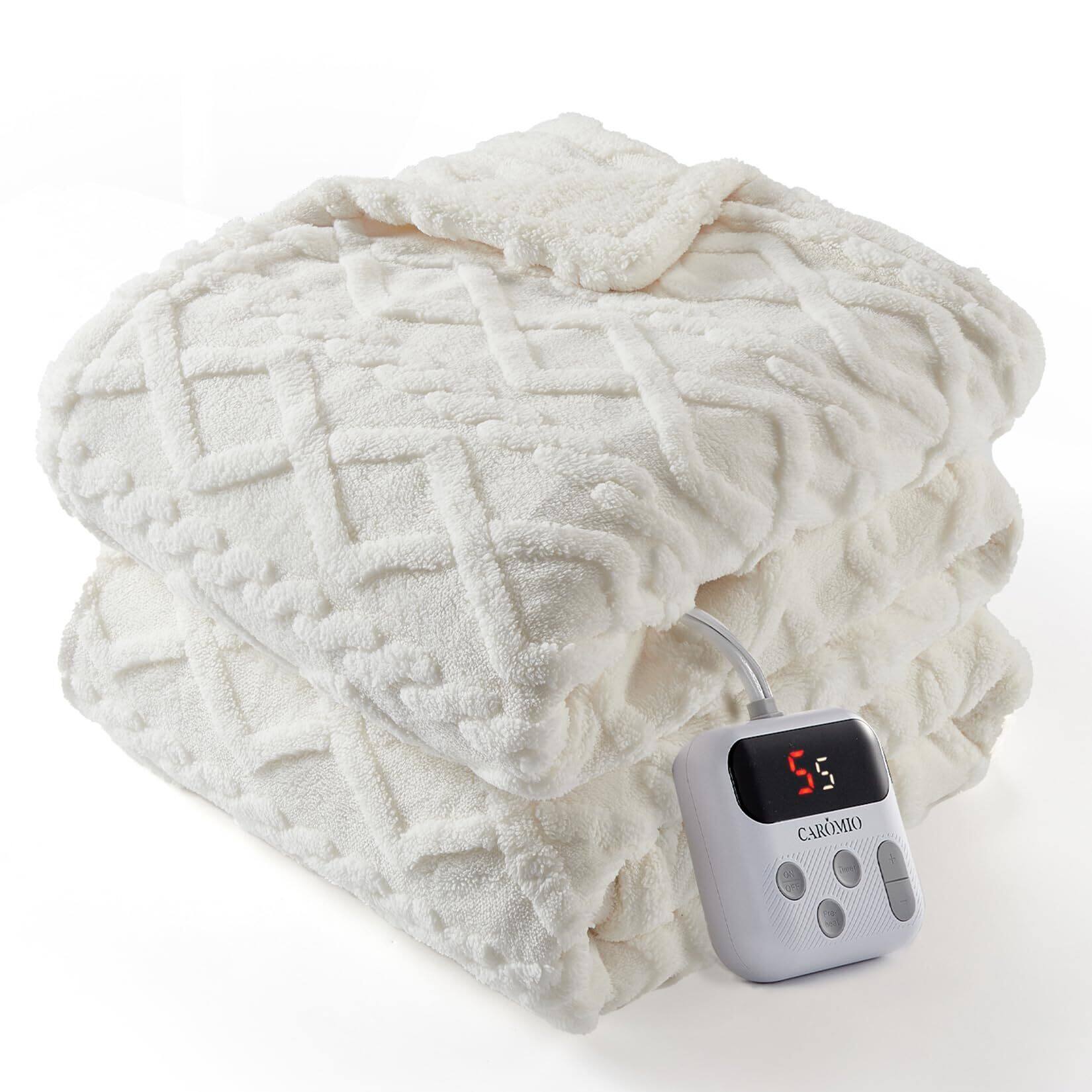 Jojoka - Washable Fast Heating Thick Tufted Sherpa Electric Blanket Throw w/ 10 Heating Levels & 10 Time Settings Twin 62"×84" - Off White