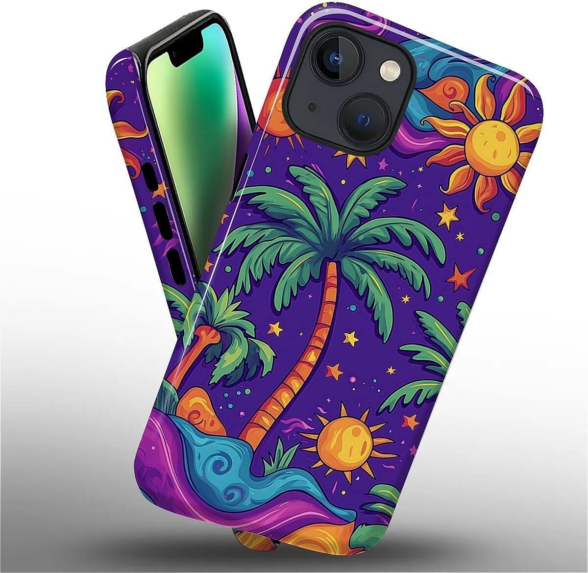 Alt View 2. Wikistore - Case for iPhone 14/13 - Hybrid 2-Layer Durable Smartphone Protection Case - Palm Trees Stars Sun.