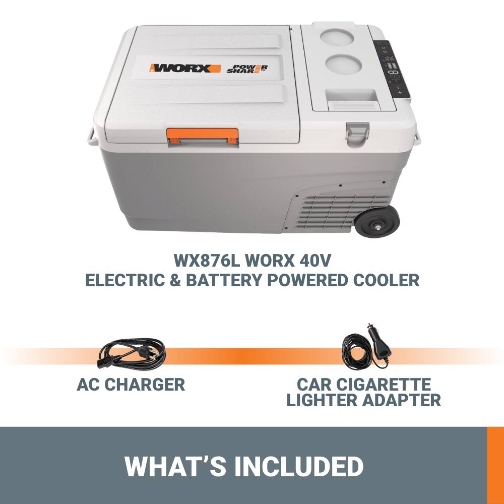 The text on the image is grouped and corrected as follows:

WORX POW-R FE SHAR : WX876L WORX 40V ELECTRIC & BATTERY POWERED COOLER AC CHARGER CAR CIGARETTE LIGHTER ADAPTER WHAT'S INCLUDED