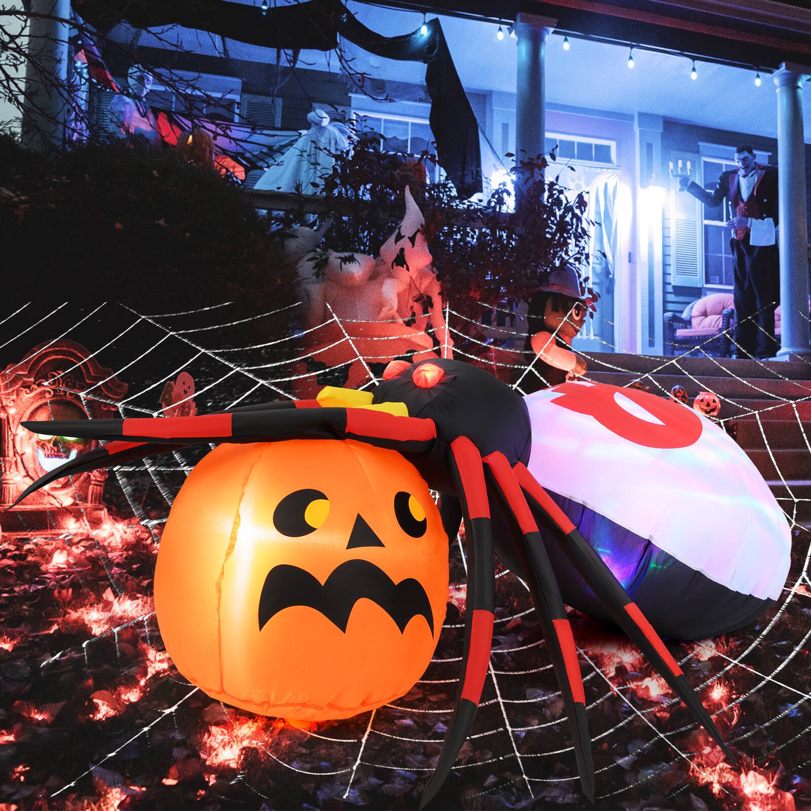 Left. Costway - 5 x 4.6 ft Inflatable Spider with Pumpkin LED Lighted Halloween Decoration with Rotating Light - Colorful.