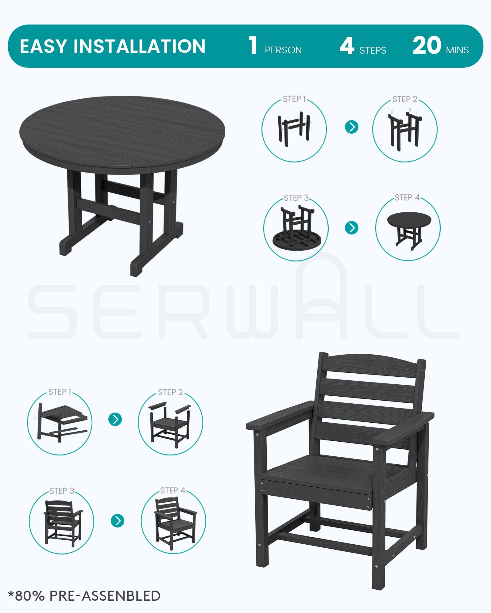 EASY INSTALLATION

1 PERSON
4 STEPS
20 MINS

STEP 1
STEP 2
STEP 3
STEP 4

SERWALL

*80% PRE-ASSEMBLED