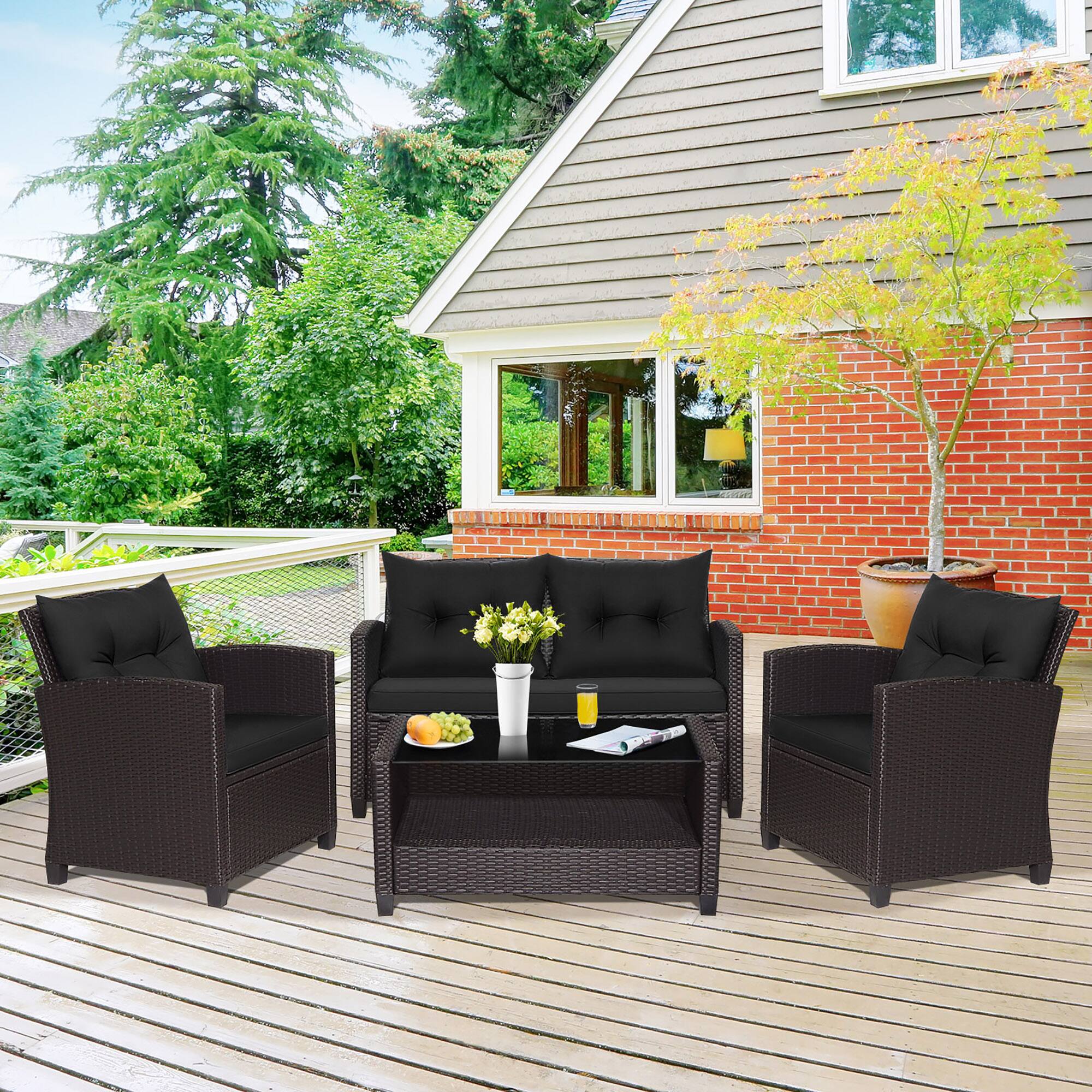 Alt View 7. Gymax - Gymax 4PCS Outdoor Conversation Set Patio PE Rattan Set w/ Glass Table & Sofa Cushions Black - Black.