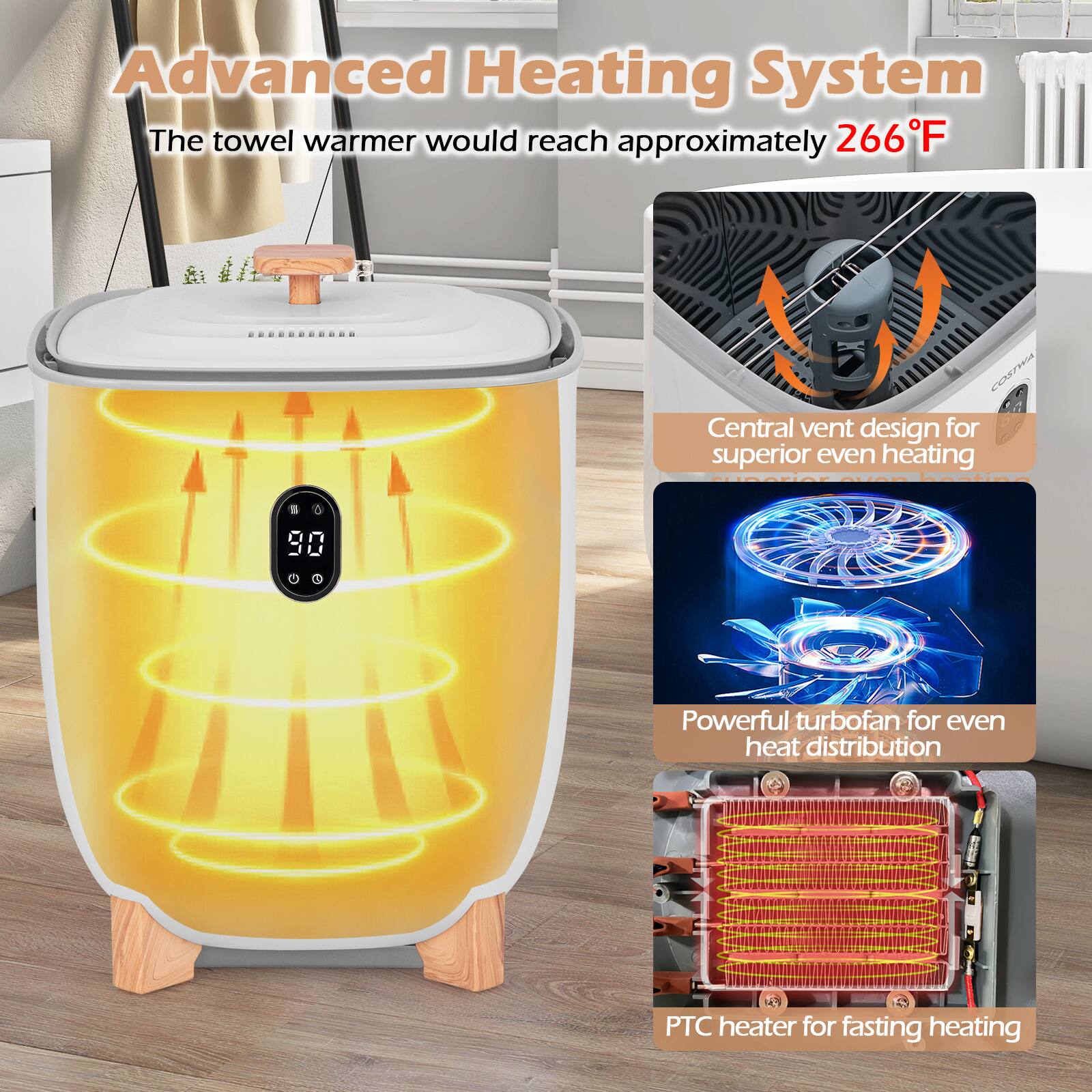 Advanced Heating System

The towel warmer would reach approximately 266°F

- Central vent design for superior even heating
- Powerful turbofan for even heat distribution
- PTC heater for fast heating