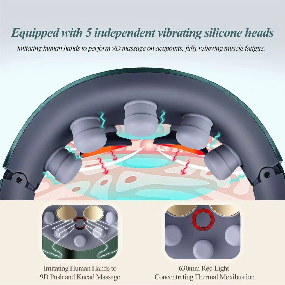 Equipped with 5 independent vibrating silicone heads imitating human hands to perform 9D massage on acupoints, fully relieving muscle fatigue.

Imitating Human Hands to 9D Push and Knead Massage

630mm Red Light Concentrating Thermal Moxibustion