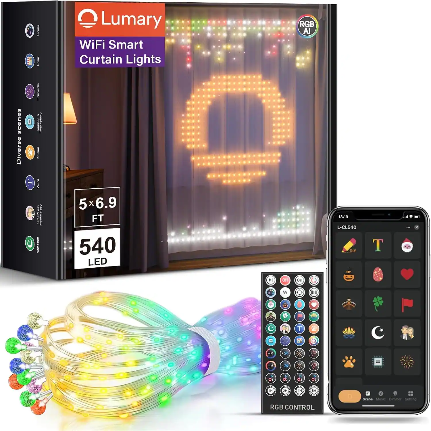 Lumary WiFi Smart Curtain Lights RGB AI  
Diverse 5 x 6.9 FT 540 LED  
L-CL540  
DIY  
RGB CONTROL  
Scene Music Dinner Setting