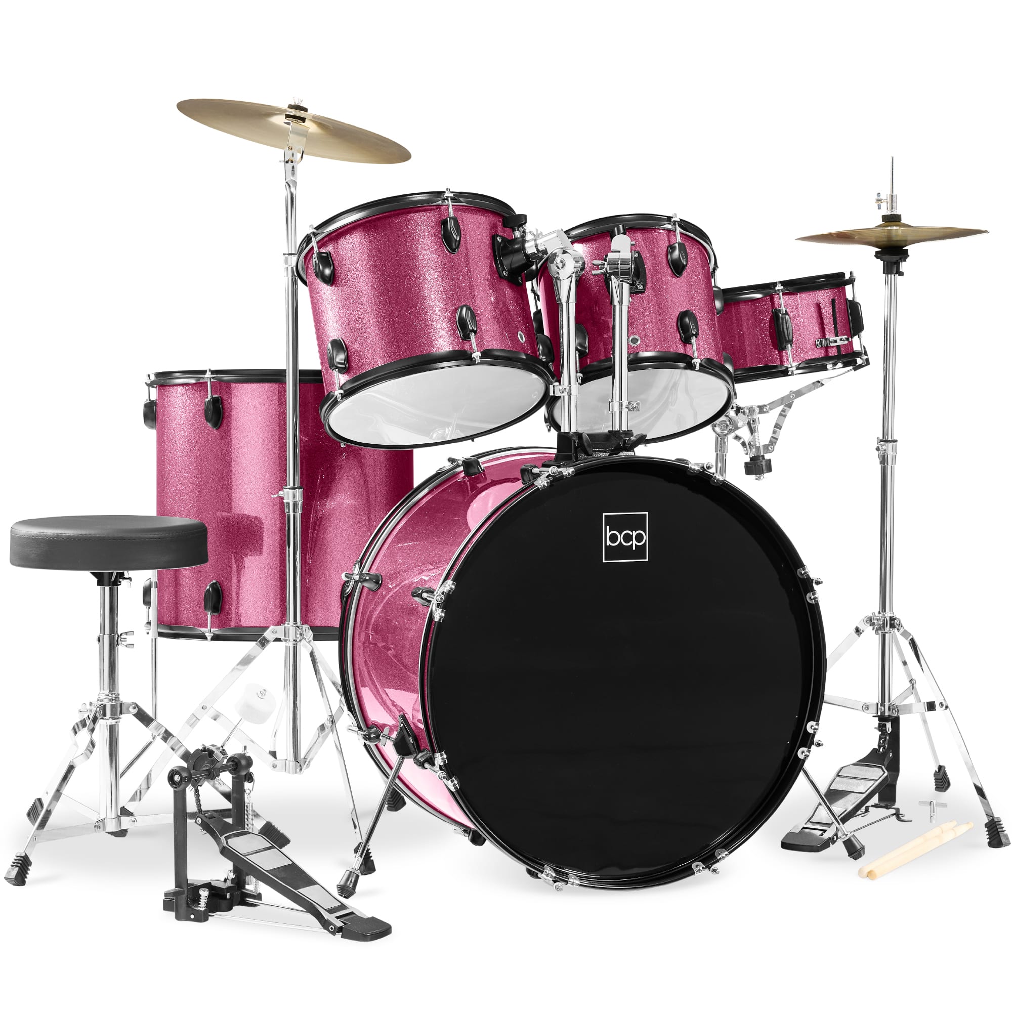 Front. Best Choice Products - Best Choice Products 5-Piece Beginner Drum Set w/ Snare, Bass, Toms, Cymbal, Hi-Hat, Sticks Drum Pedal - Pink Sparkle - Pink Sparkle.