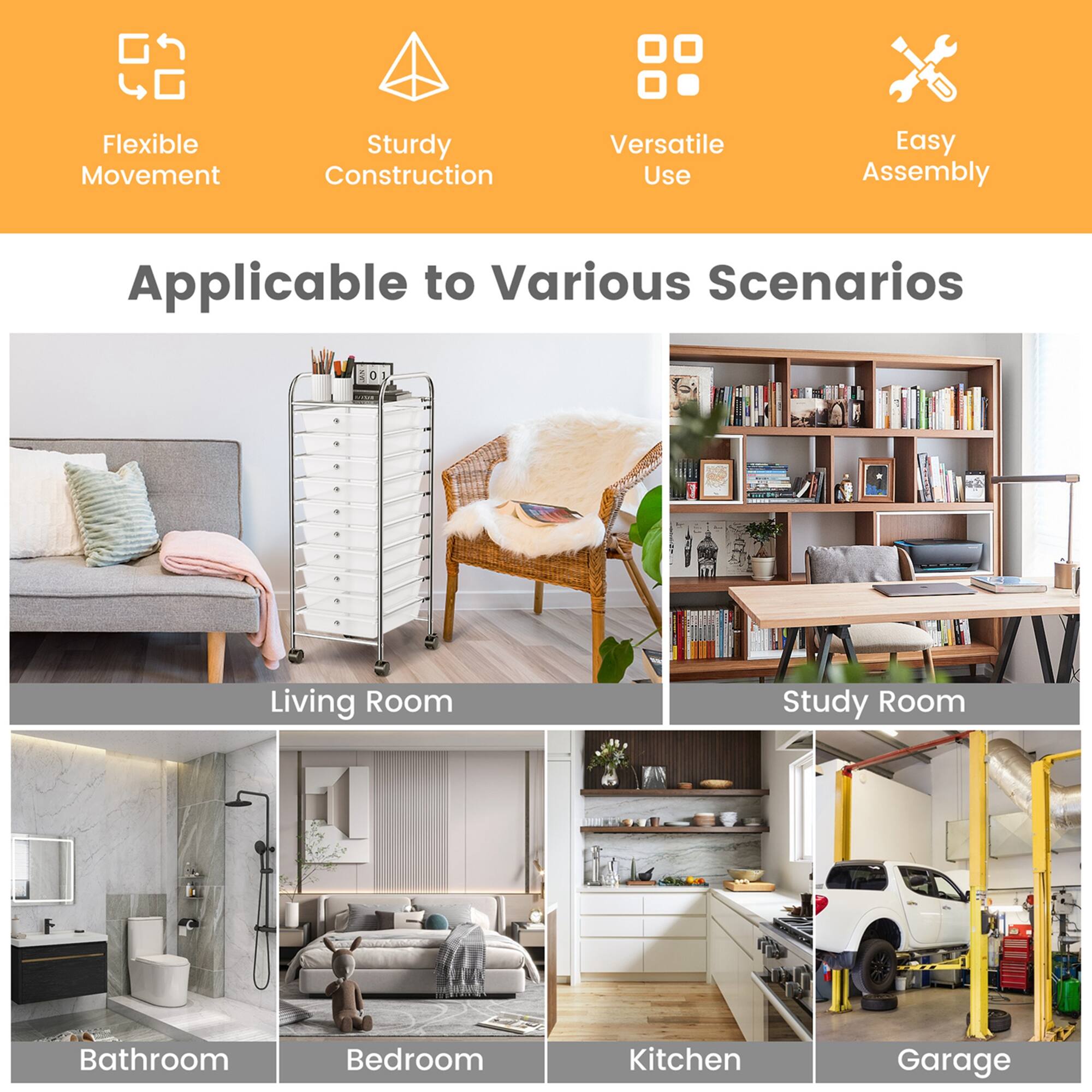 The text on the image is already grouped and correctly organized. It reads:

Flexible Movement Sturdy Construction Versatile Use Easy Assembly Applicable to Various Scenarios Living Room Study Room Bathroom Bedroom Kitchen Garage