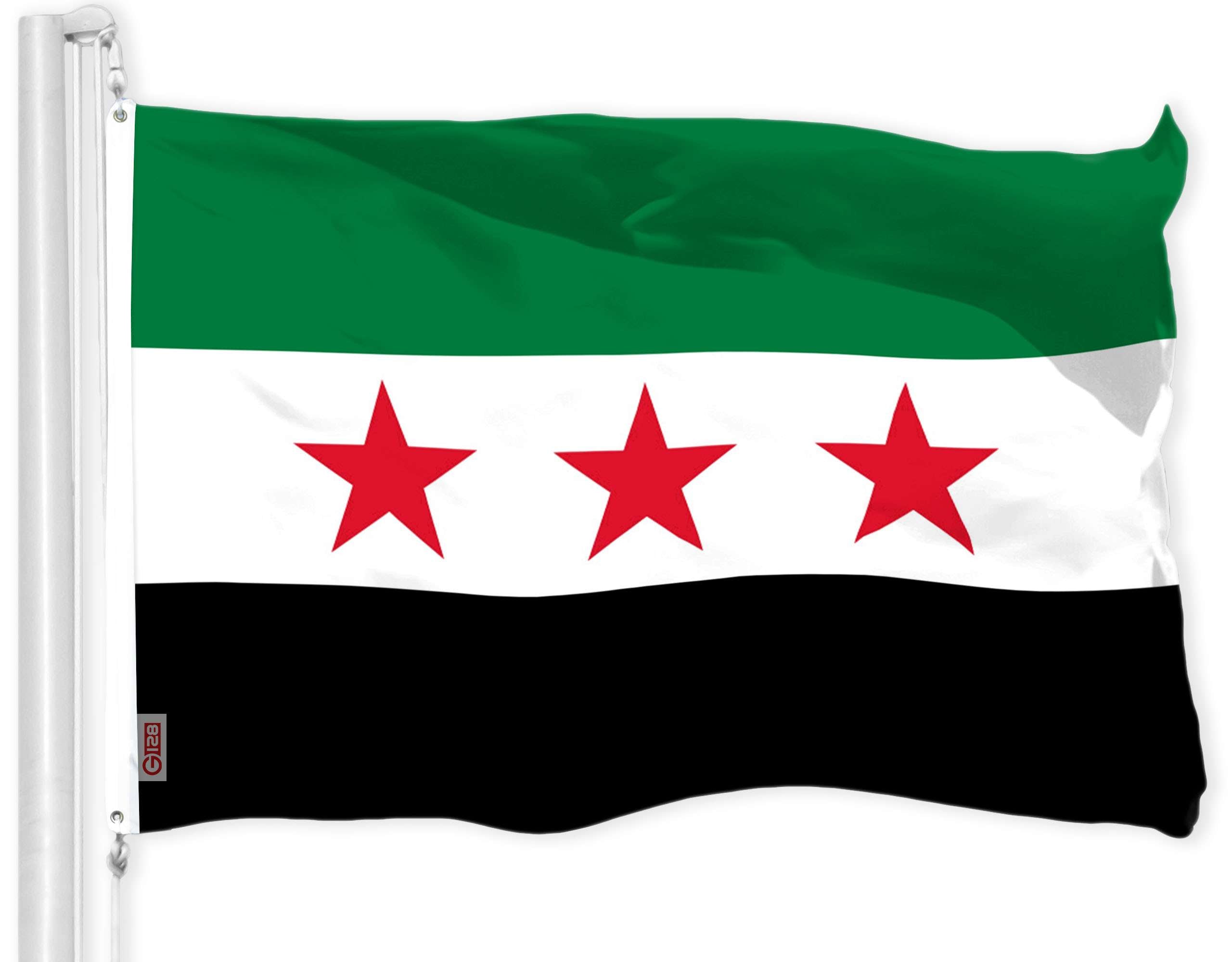Front. G128 - Republic of Syria Flag — 3 x 5 ft, 150D Polyester - Green, Red, Black, White.