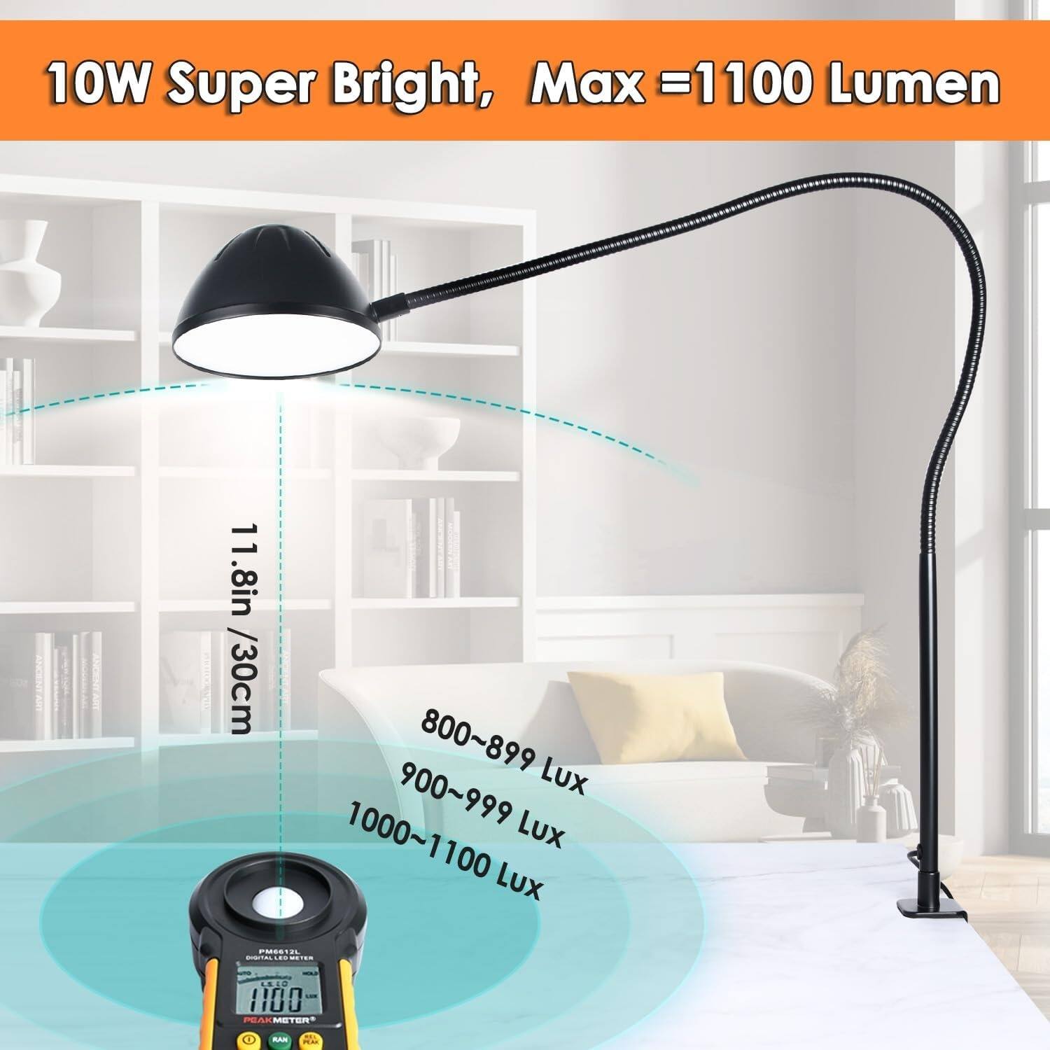 10W Super Bright, Max = 1100 Lumen

11.8in / 30cm

800~899 Lux  
900~999 Lux  
1000~1100 Lux