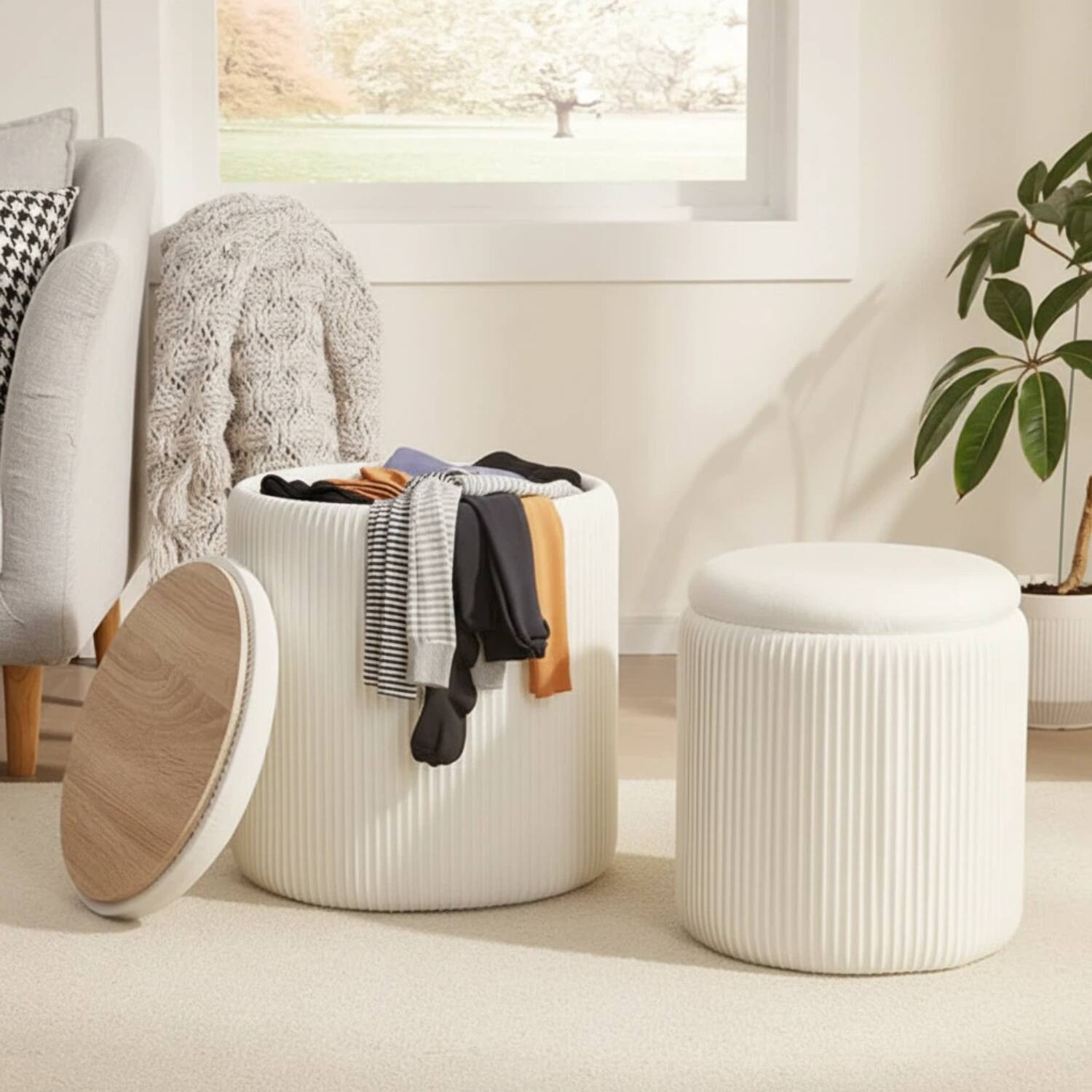 Angle. AOITUN - Ribbed Storage Ottoman Set with Reversible Tray Lid, 2-Piece Nesting Footstool for Living Room, Cream - Cream.