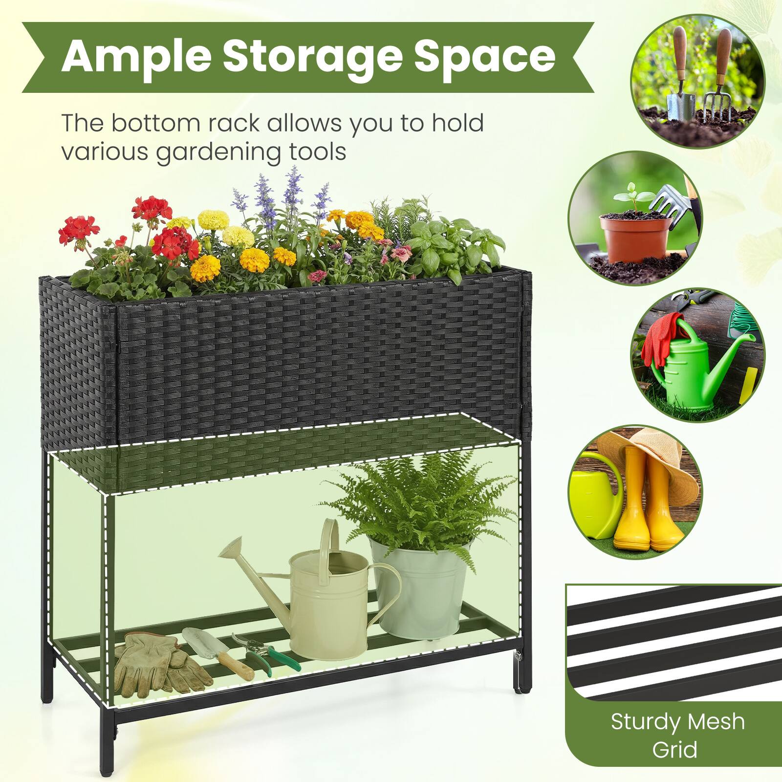 Ample Storage Space

The bottom rack allows you to hold various gardening tools

Sturdy Mesh Grid