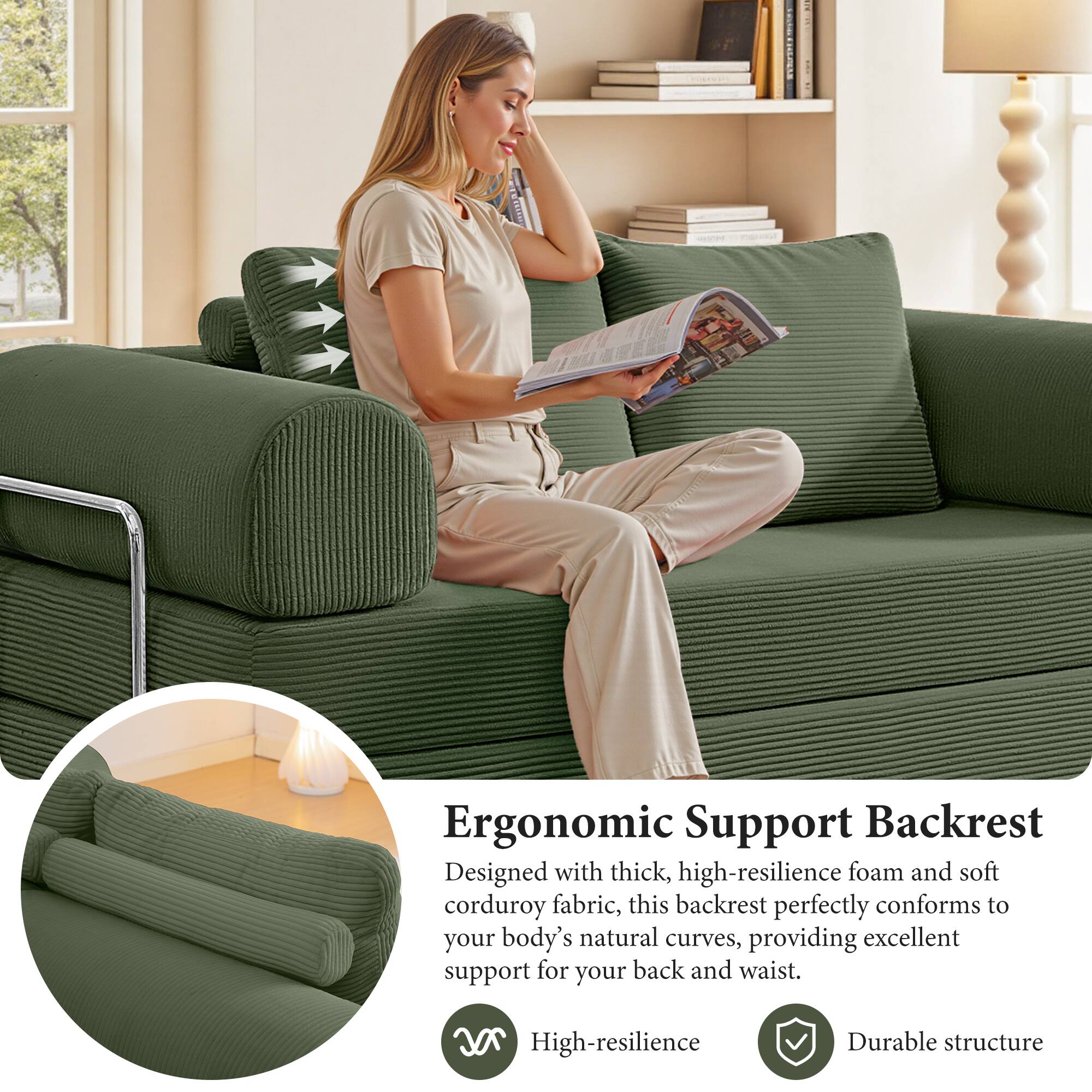 Ergonomic Support Backrest

Designed with thick, high-resilience foam and soft corduroy fabric, this backrest perfectly conforms to your body's natural curves, providing excellent support for your back and waist.

- High-resilience
- Durable structure