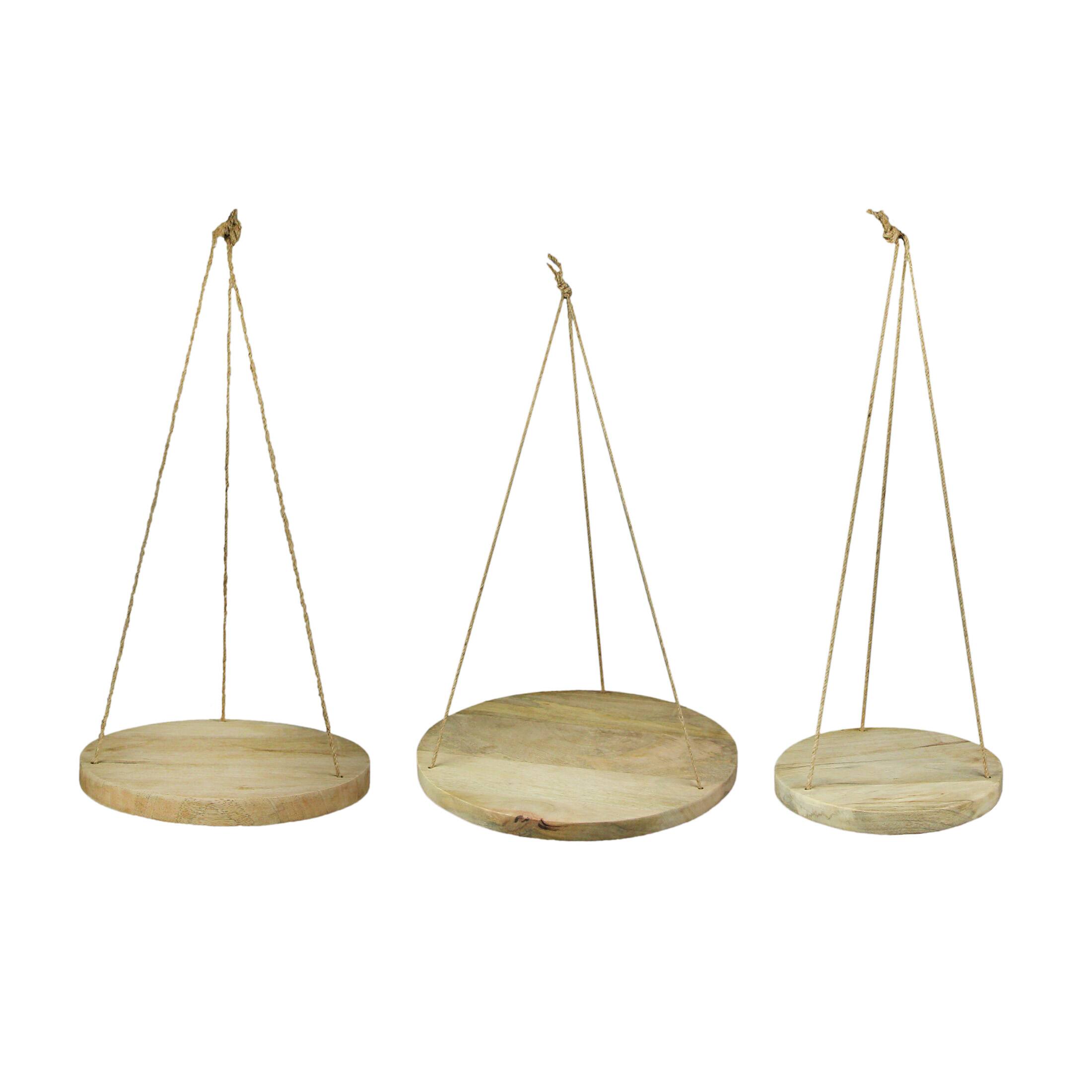 Front. Things2Die4 - Set of 3 Primitive Country Wooden Disc and Jute Rope Hanging Plant Stands - Brown.