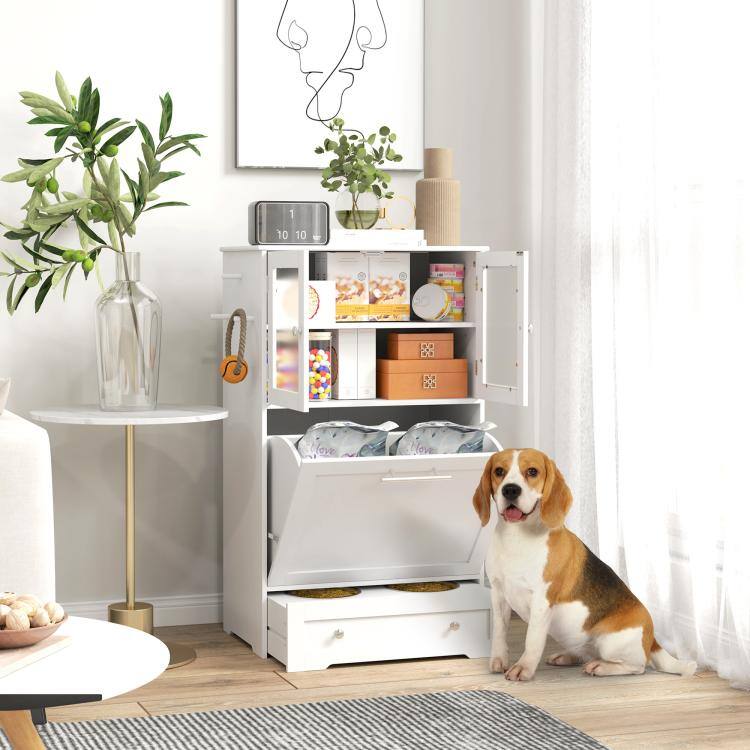 Alt View 2. PULUZ - Dog Feeding Station with Two Storage Cabinets, 2 Elevated Dog Bowls, Side Hooks, Anti-tip Kit, for Feeding & Watering - White.