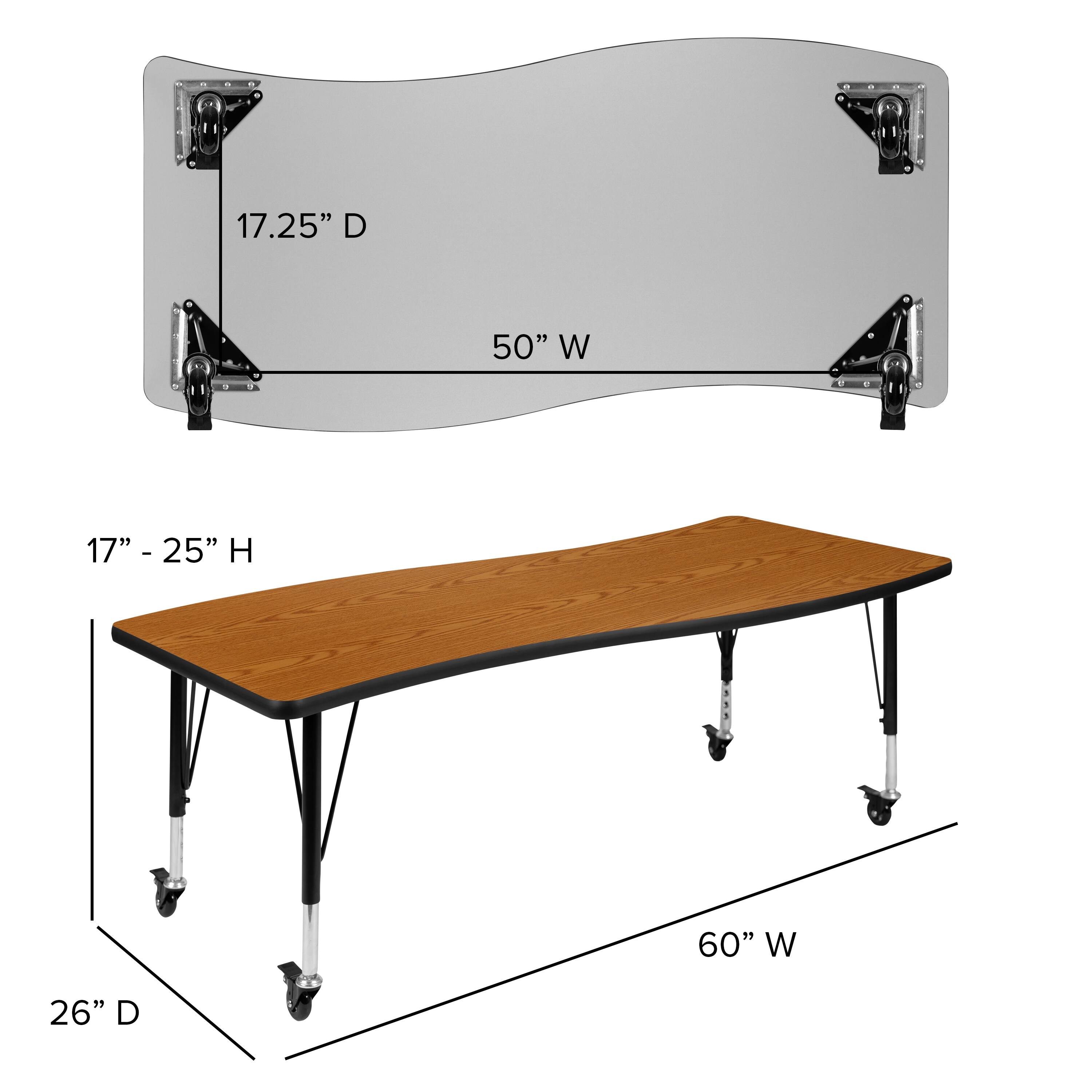 17.25" D  
50" W  
17" - 25" H  
60" W  
26" D