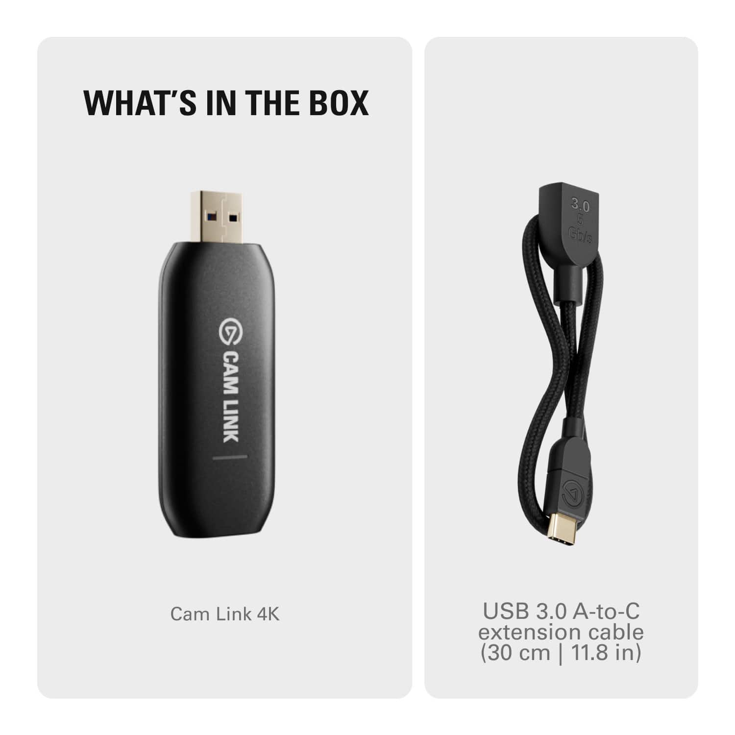 What's in the box: Cam Link 4K USB 3.0 A-to-C extension cable (30 cm | 11.8 in)