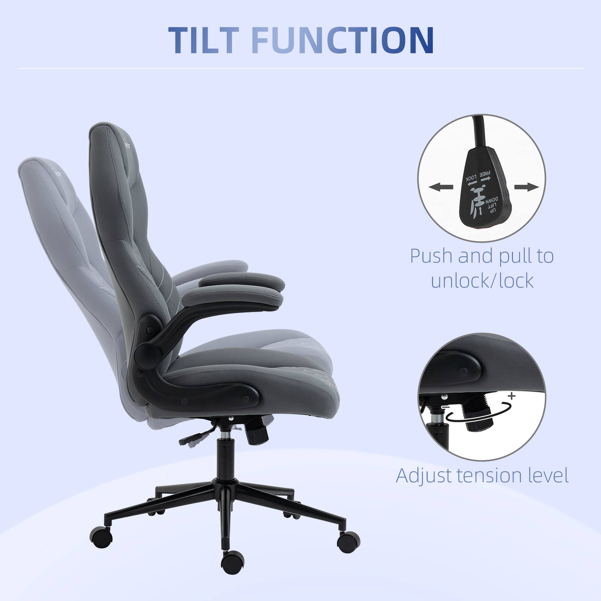 TILT FUNCTION

Push and pull to unlock/lock

Adjust tension level