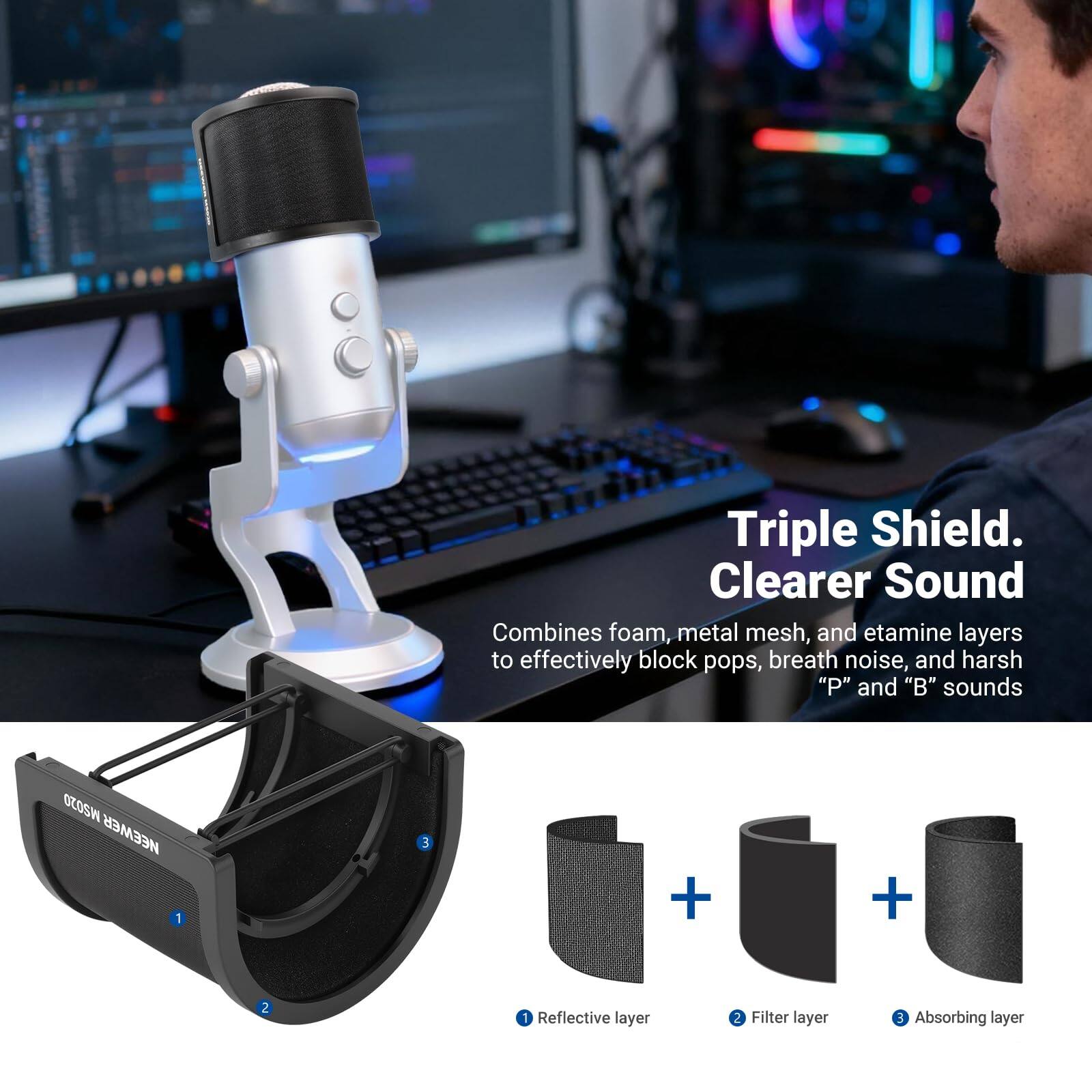 Triple Shield. Clearer Sound

Combines foam, metal mesh, and etamine layers to effectively block pops, breath noise, and harsh "P" and "B" sounds

1. Reflective layer
2. Filter layer
3. Absorbing layer
