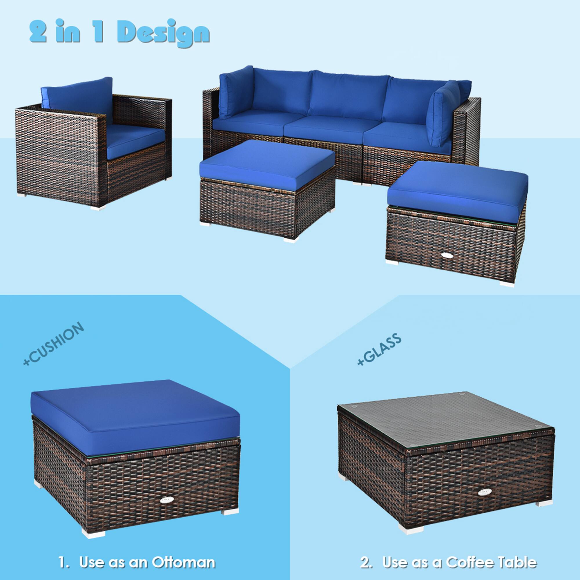 2 in 1 Design

1. Use as an Ottoman  
   +CUSHION

2. Use as a Coffee Table  
   +GLASS