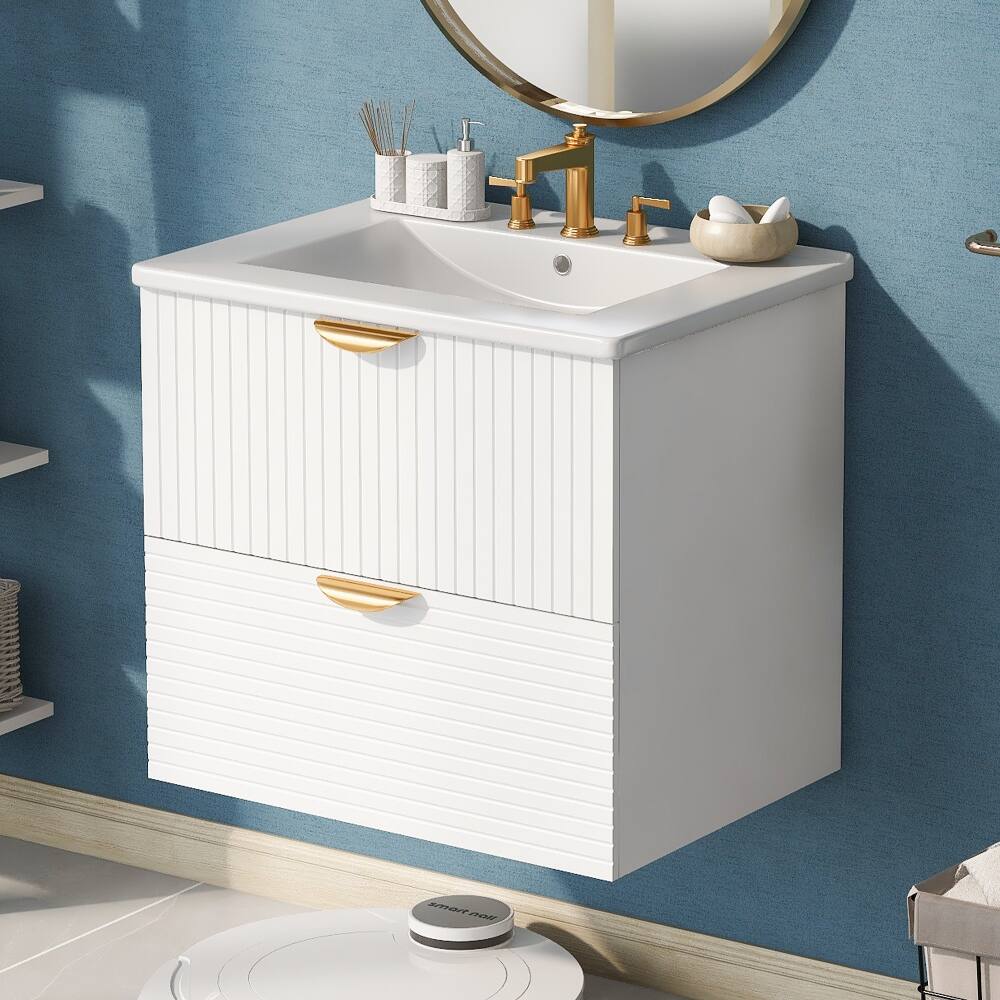 Loheer - 24 inch wall mounted bathroom vanity Floating Vanity with Sink 2 Drawer Bathroom Cabinet - White