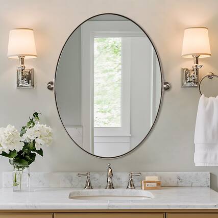 Front. TECH SAFARI - Oval Bathroom Mirror Stainless Steel Metal Frame Vanity For Over Sink With Adjustable Tilting Design Pivoti - Chrome 32"L x 24"W.