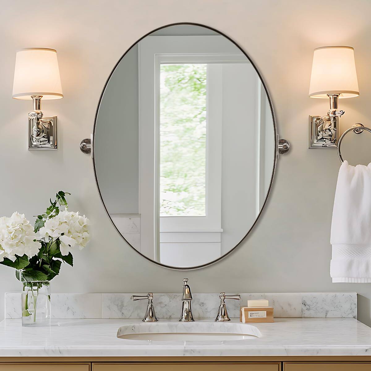 Front. TECH SAFARI - Oval Bathroom Mirror Stainless Steel Metal Frame Vanity For Over Sink With Adjustable Tilting Design Pivoti - Chrome 32"L x 24"W.