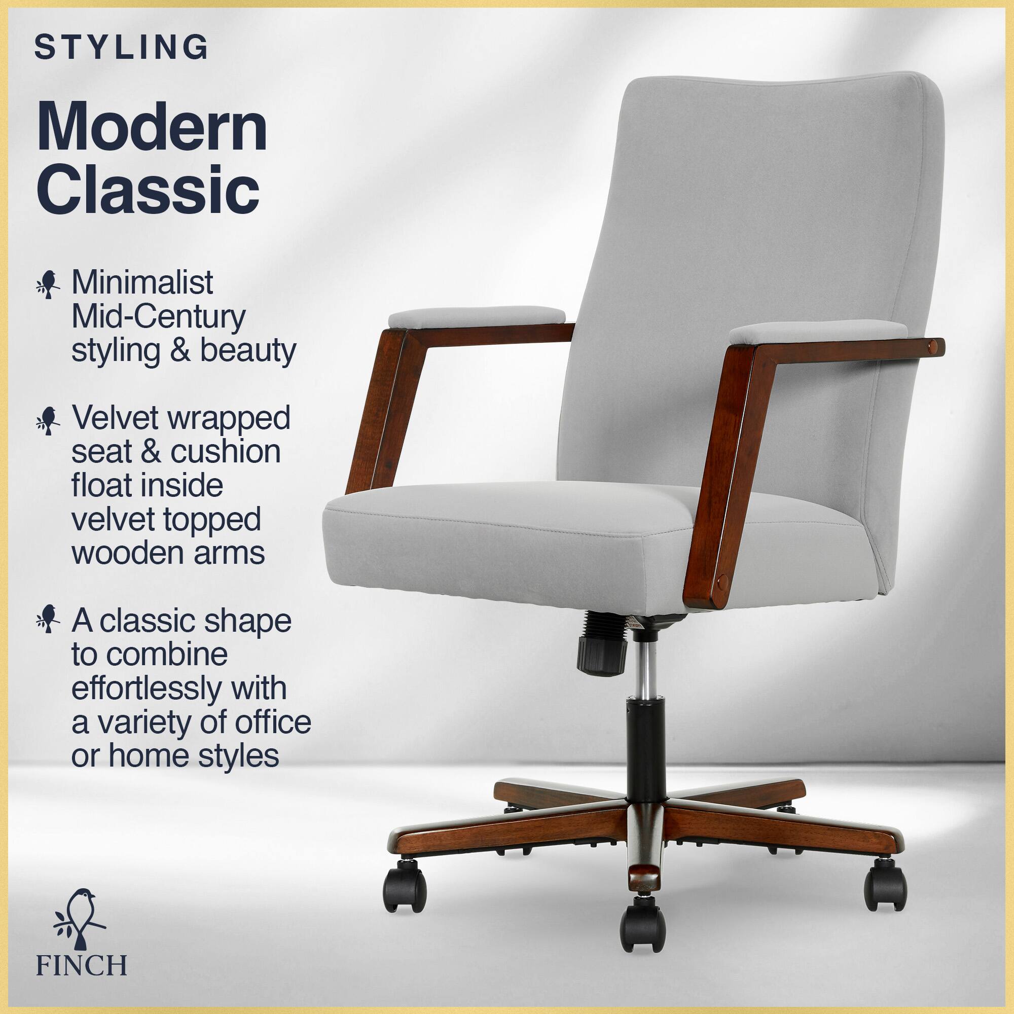 STYLING  
Modern Classic  

Minimalist Mid-Century styling & beauty  
Velvet wrapped seat & cushion float inside velvet topped wooden arms  
A classic shape to combine effortlessly with a variety of office or home styles  

FINCH