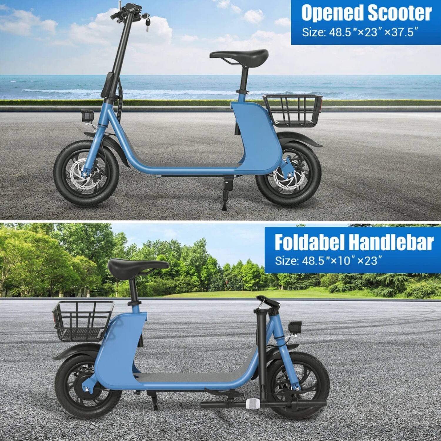 Opened Scooter  
Size: 48.5" x 23" x 37.5"

Foldable Handlebar  
Size: 48.5" x 10" x 23"