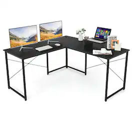 Pefilos - 95 Inch 2-Person L-Shaped Long Reversible Computer Desk with Monitor Stand- Office Desk, Desks, Working, Writing - Black