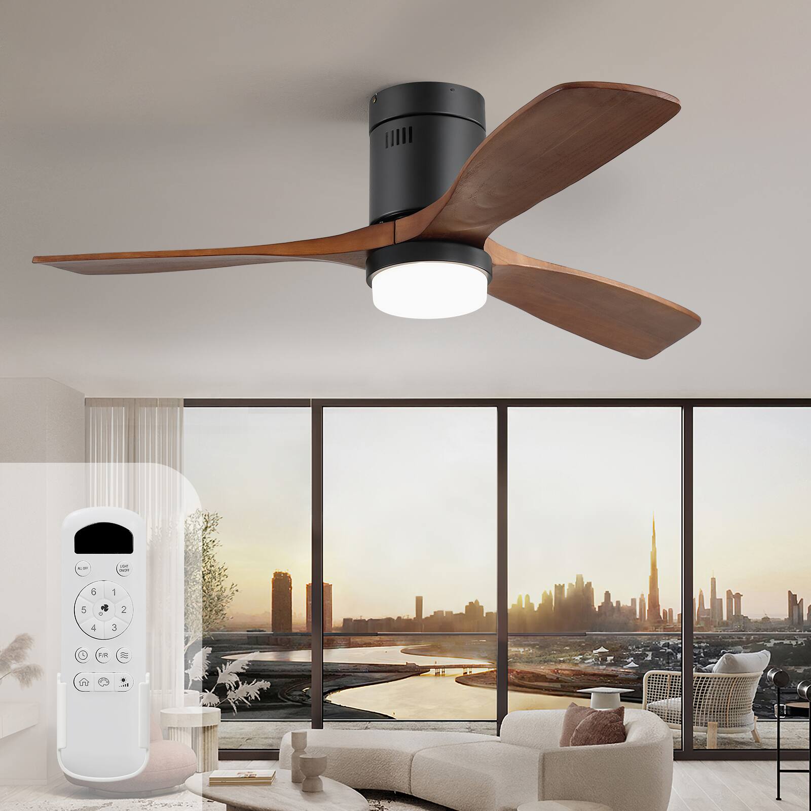 Alt View 8. Sofucor - 52" Remote Control Ceiling Fan With Integrated LED Lights Adjustable Wind Speed Timer Strong Motor Farmhouse Ceiling Fan - Black Walnut Wood.