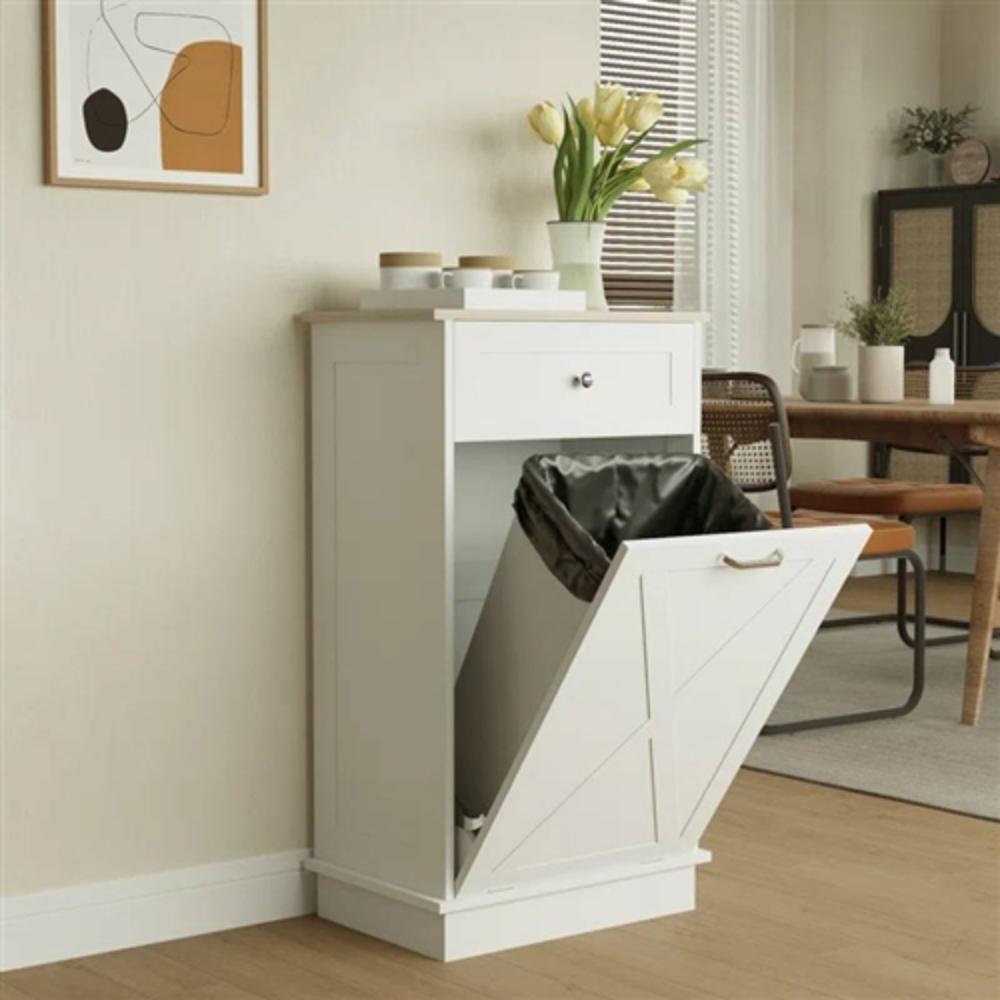 Angle. Hivvago - Trash Can Cabinet in White Wood Finish - Accommodates 10-Gallon Trash Bin - White Wood Finish.