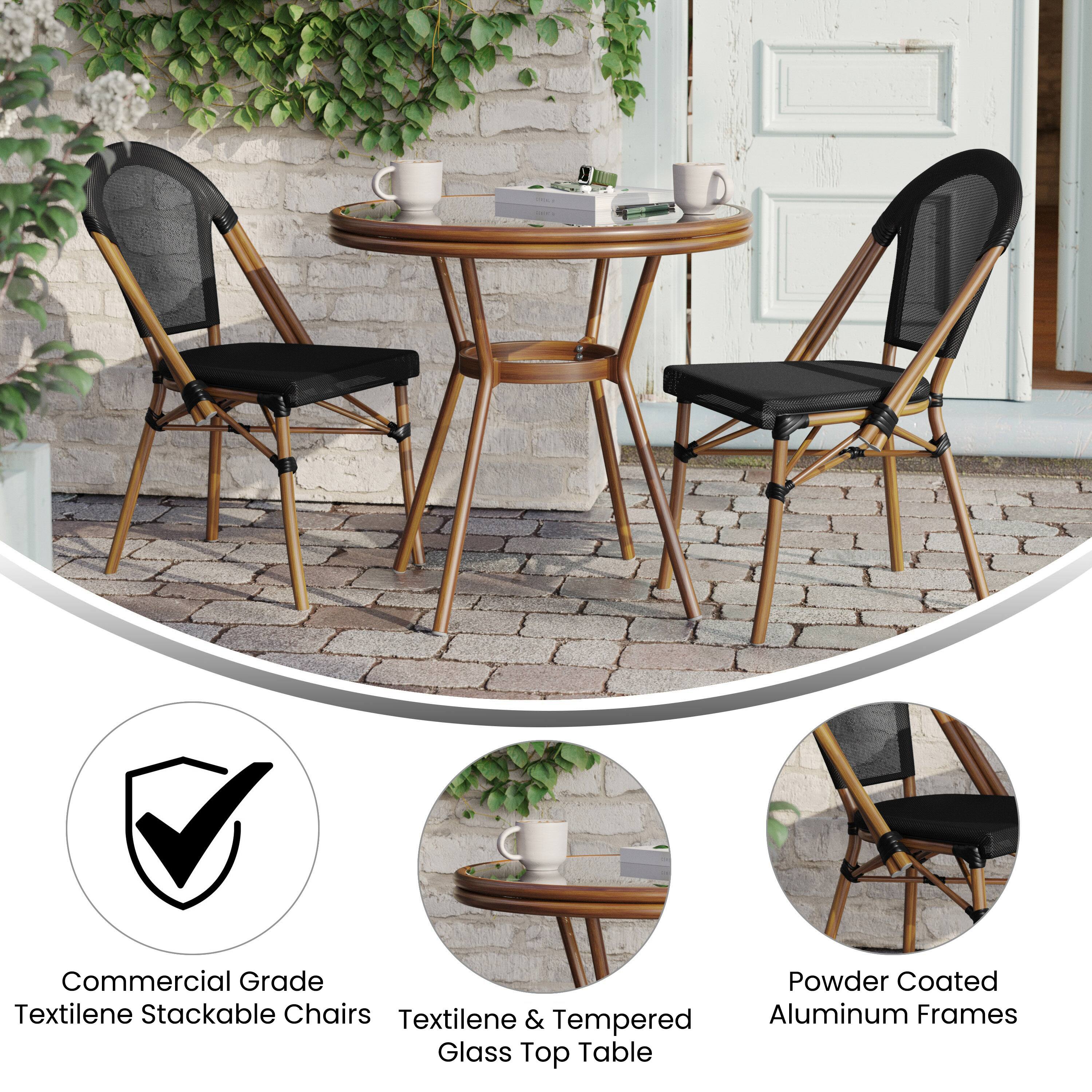 Commercial Grade Textilene Stackable Chairs  
Textilene & Tempered Aluminum Frames  
Glass Top Table