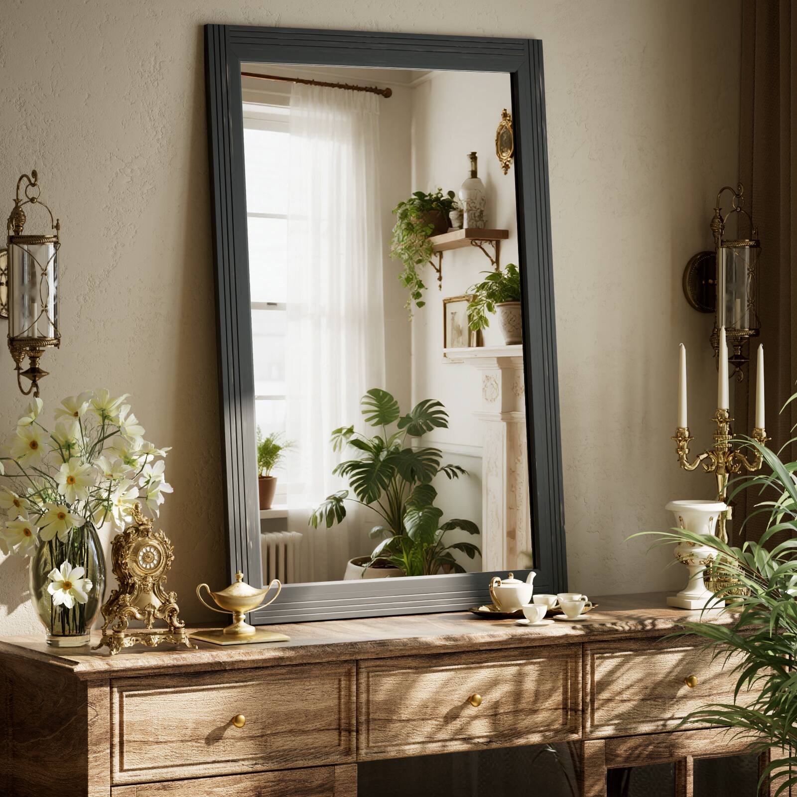 Angle. Easly - Antique Black 24 in. W x 36 in. H Rectangle Wood Framed Vanity Wall Mirror - Black.