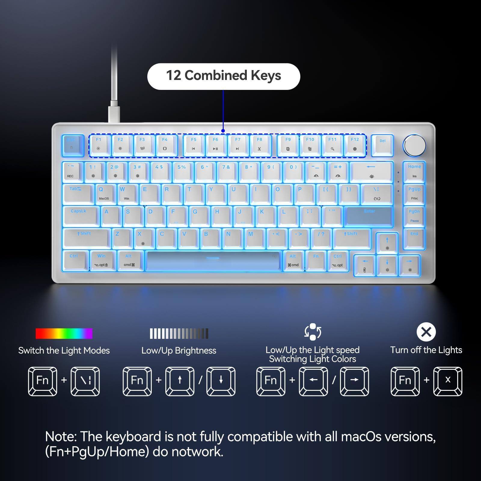 12 Combined Keys: F1, F2, F3, F4, F5, F6, F7, F8, F9, F10, F11, F12

Switch the Light Modes: Fn + ↓
Low/Up Brightness: Fn + ↑
Low/Up the Light Speed: Fn + ←
Switching Light Colors: Fn + →
Turn off the Lights: Fn + X

Note: The keyboard is not fully compatible with all macOS versions, (Fn+PgUp/Home) do not work.