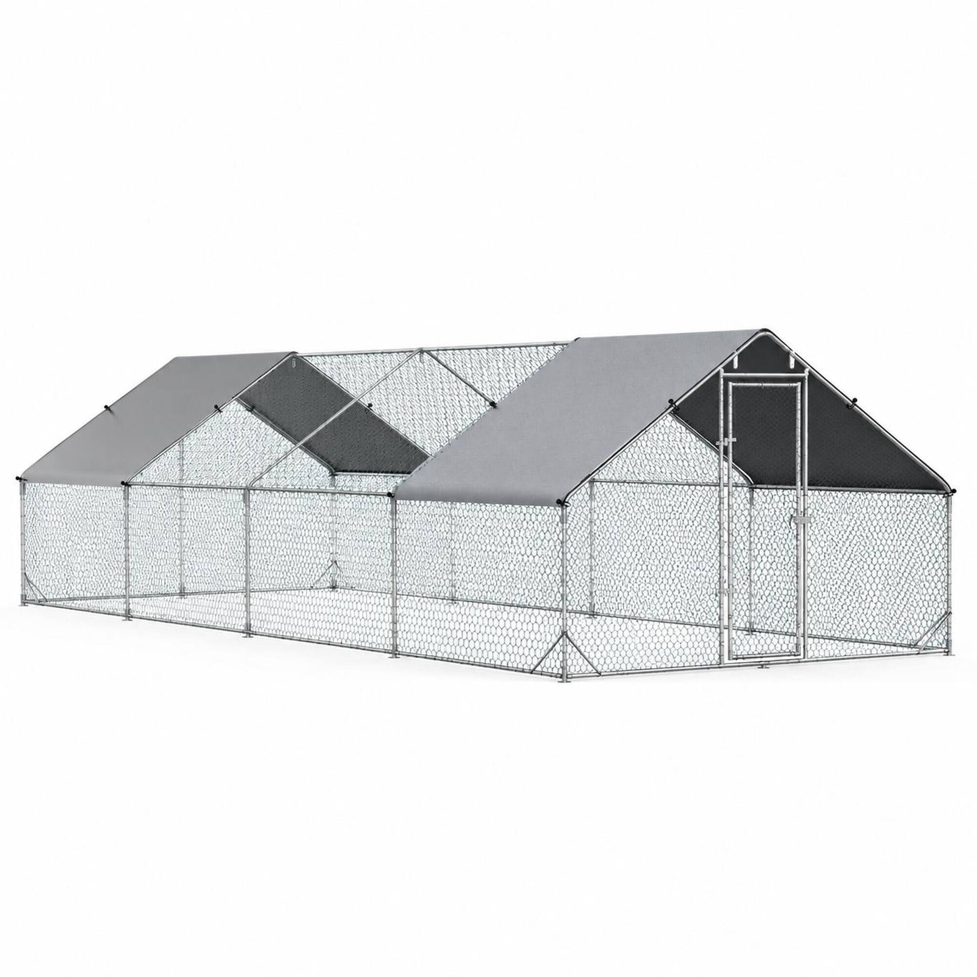 Front. RYHNUYNE - 9.8 ft x 26.2 ft Metal Chicken Run, Walk-in Coop, Galvanized Steel Frame, Shady Roof.