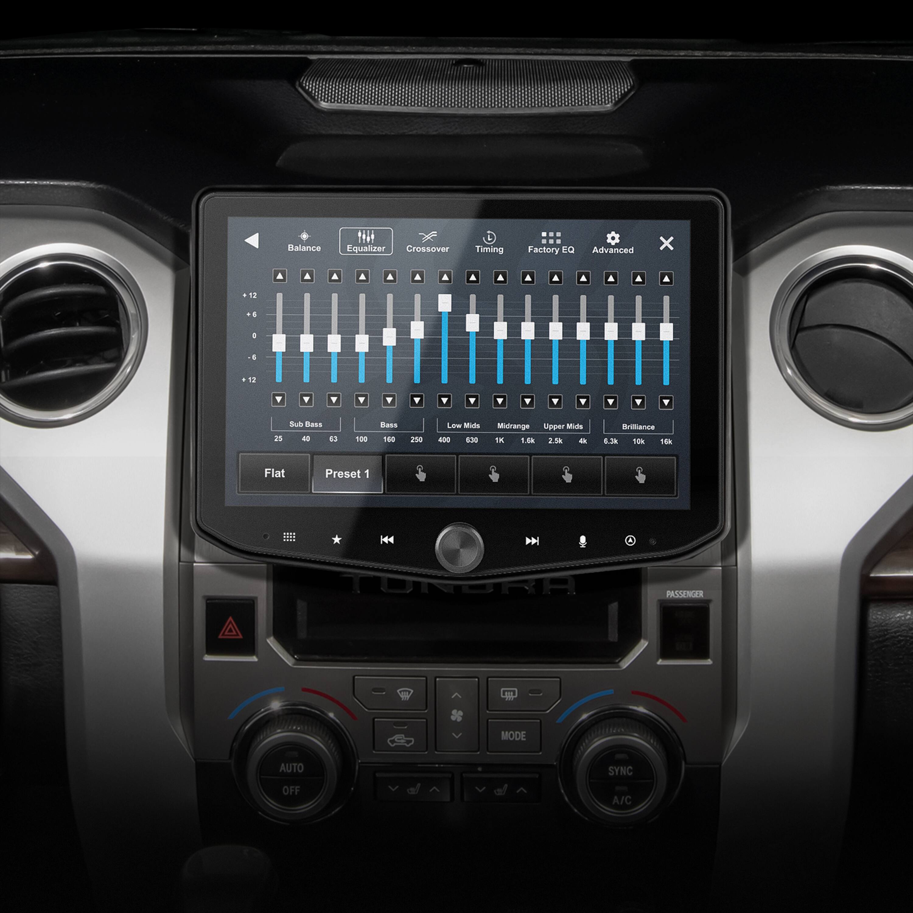 The text on the image reads:

Balance NH Equalizer Crossover Timing Factory EQ Advanced x A A A - 8 11 Y Y T Y T Y Y 2 Sub Bass AN d3 100 Bass 160 200 Low Mids - 830 Middrange Upper Mide 18 1.4k 5 - Brillantes 6.2k 10% 1a Flat Preset 1 I801 ... H44 D TURGRA PASSENGER IL MODE AUTO SYNC OFF A/C