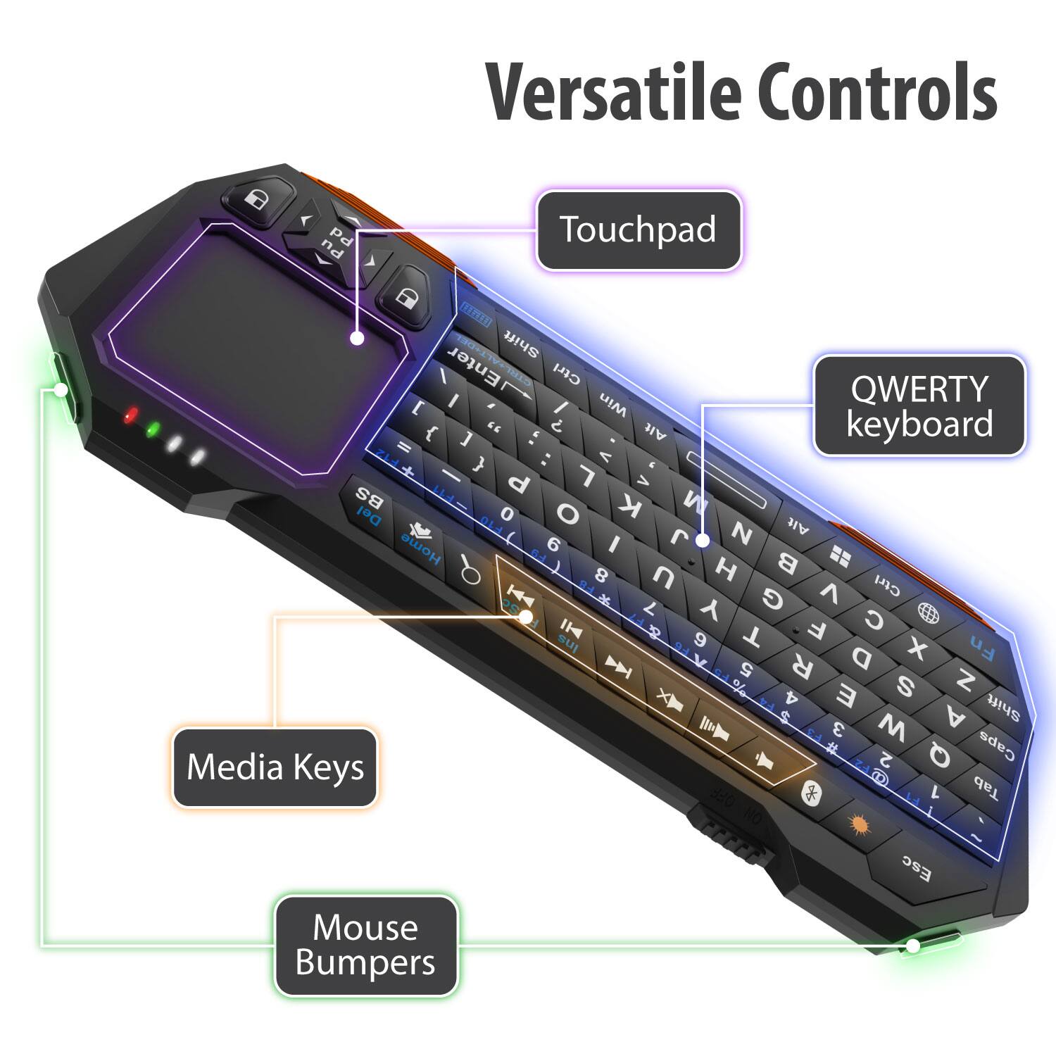 Versatile Controls

- Touchpad
- QWERTY keyboard
- Media Keys
- Mouse Bumpers